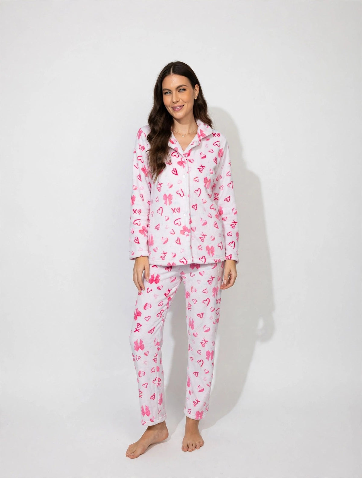 Women's Fleece Button-Up Pajama Set – Pink (AS01#)