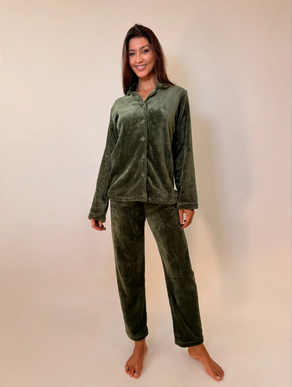 Women's Fleece Button-Up Pajama Set – Olive (AS02#)