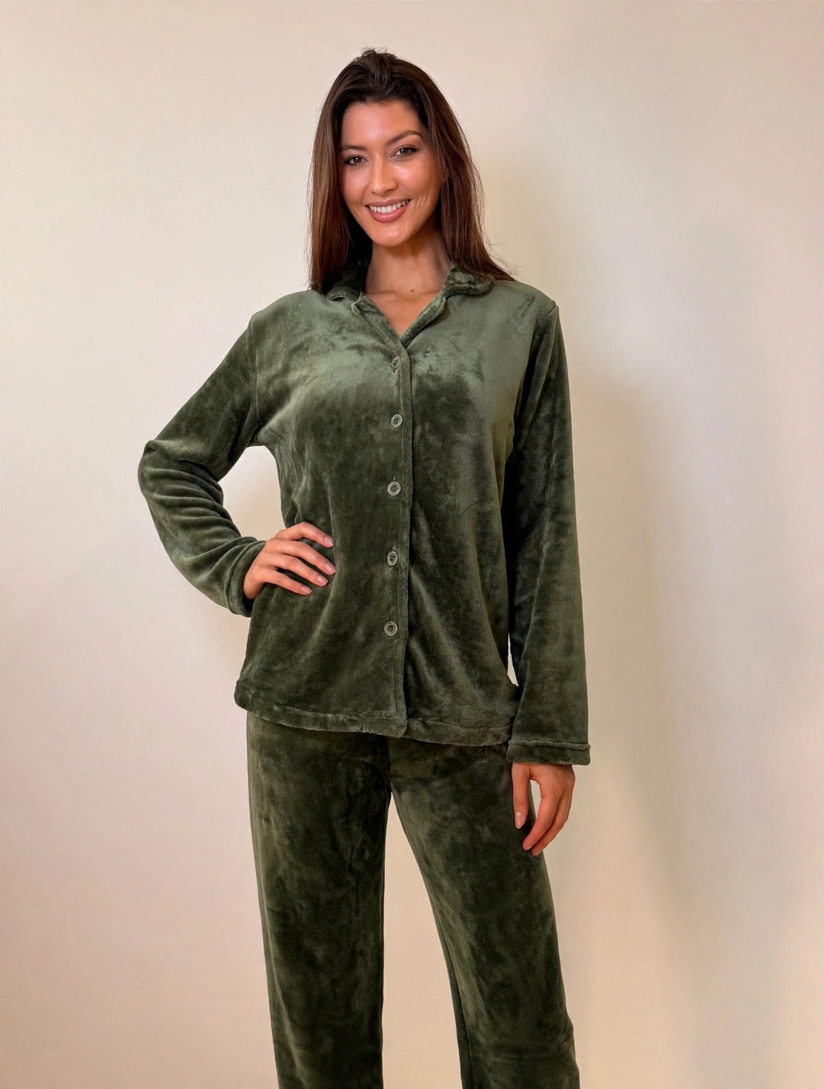 Women's Fleece Button-Up Pajama Set – Olive (AS02#)