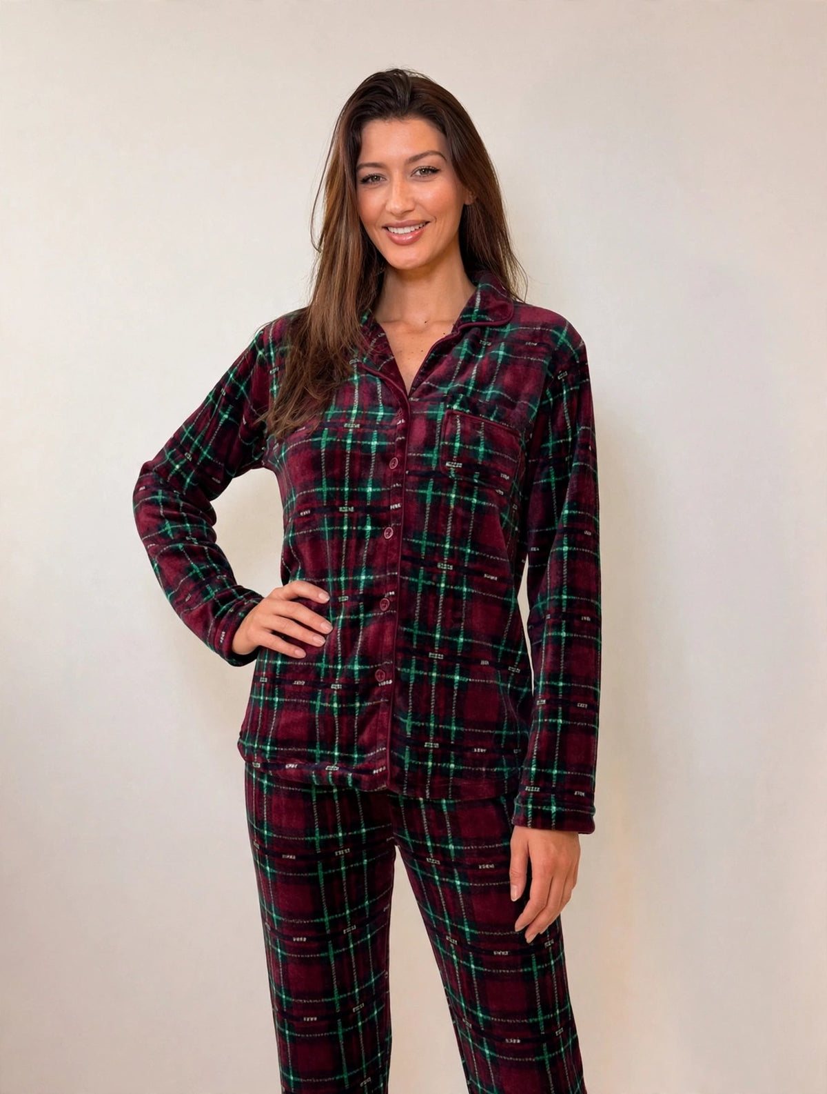 Women's Fleece Button-Up Pajama Set – Burgundy / Green Plaid (AS03-1#)