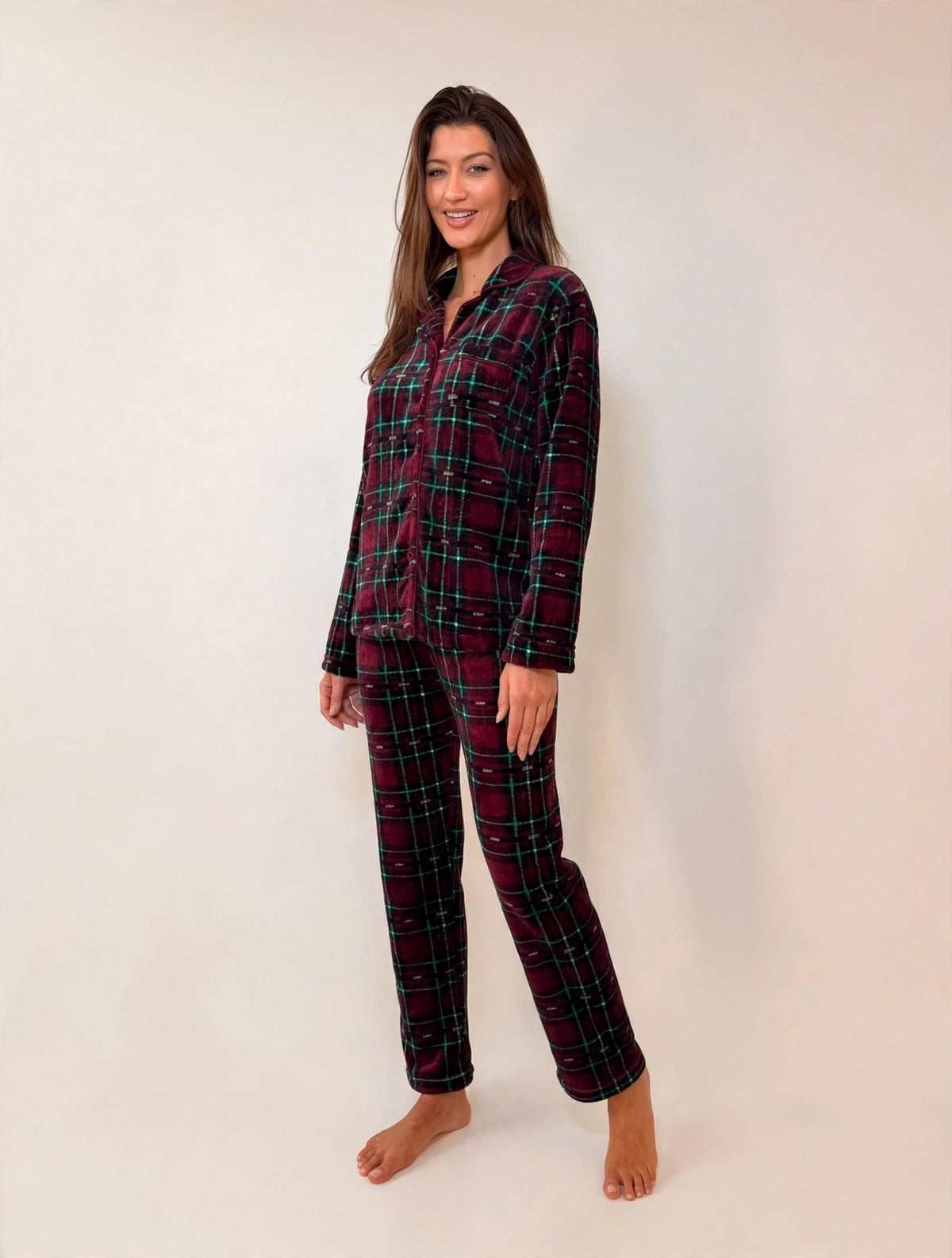 Women's Fleece Button-Up Pajama Set – Burgundy / Green Plaid (AS03-1#)