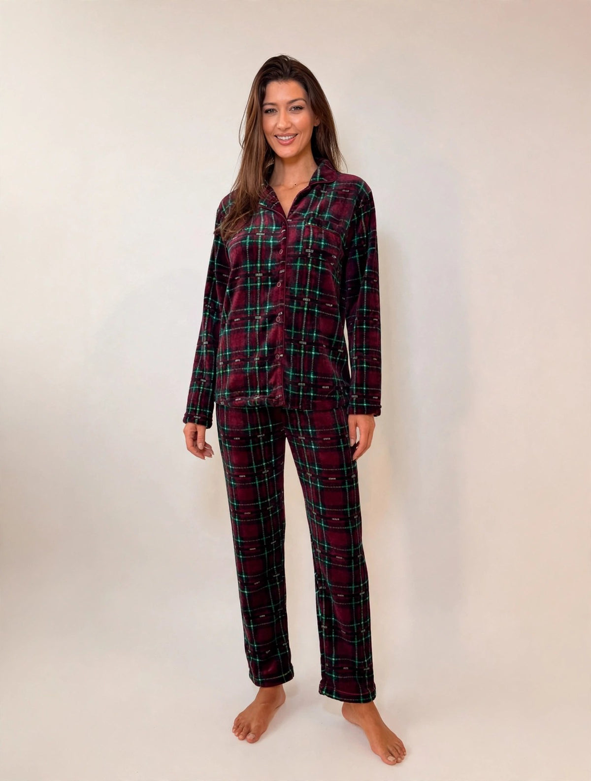 Women's Fleece Button-Up Pajama Set – Burgundy / Green Plaid (AS03-1#)