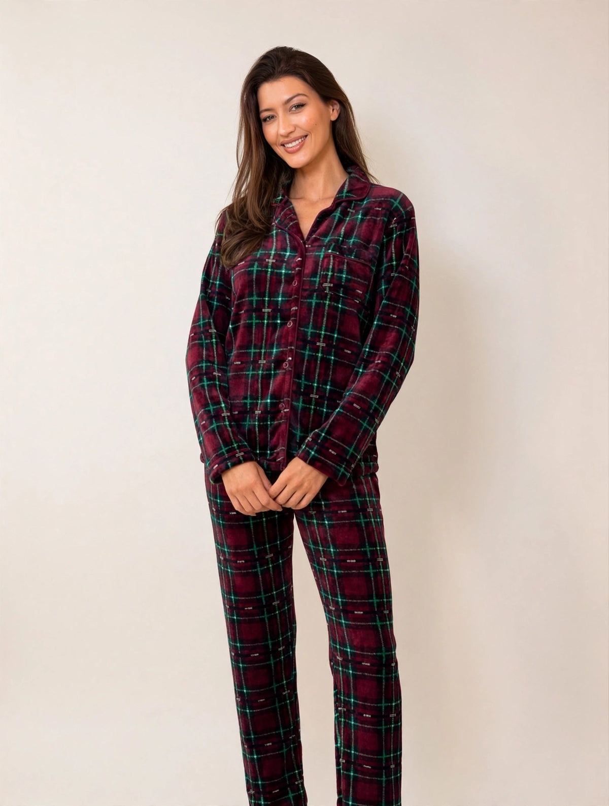 Women's Fleece Button-Up Pajama Set – Burgundy / Green Plaid (AS03-1#)