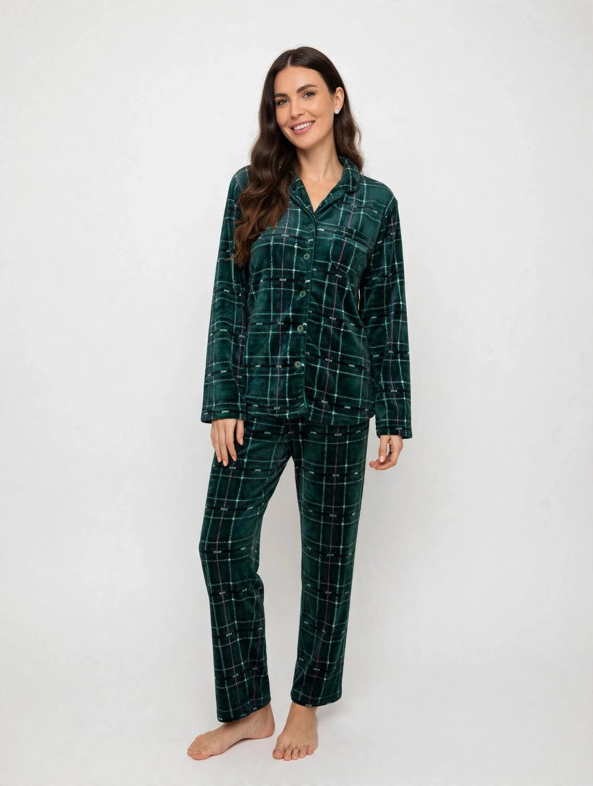 Women's Fleece Button-Up Pajama Set – Burgundy / Green Plaid (AS03-1#)