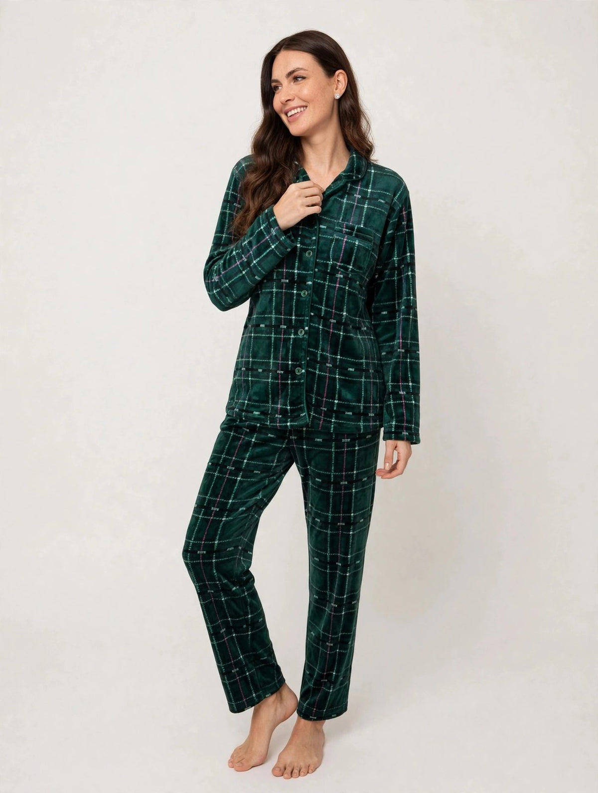 Women's Fleece Button-Up Pajama Set – Burgundy / Green Plaid (AS03-1#)