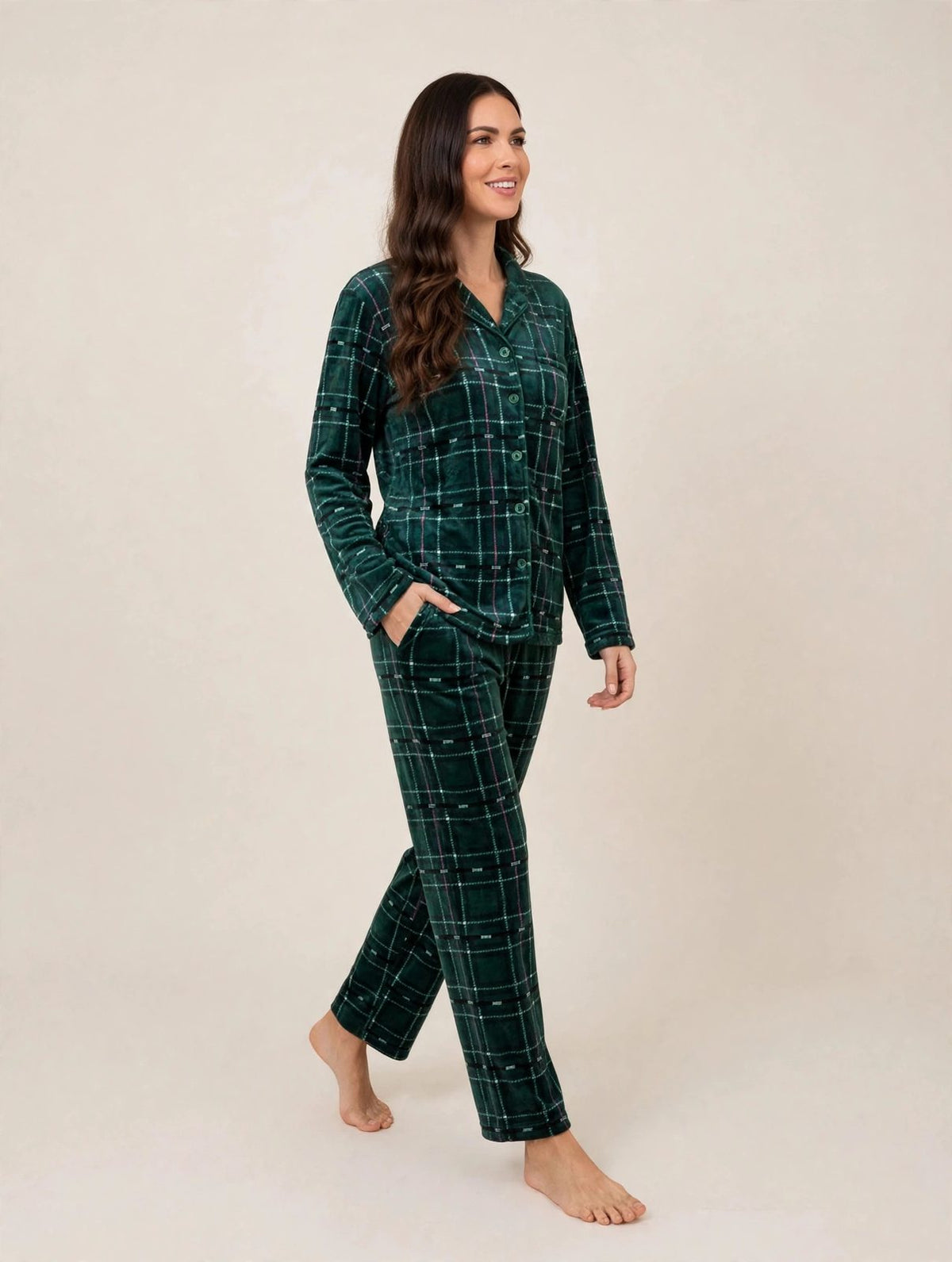 Women's Fleece Button-Up Pajama Set – Burgundy / Green Plaid (AS03-1#)
