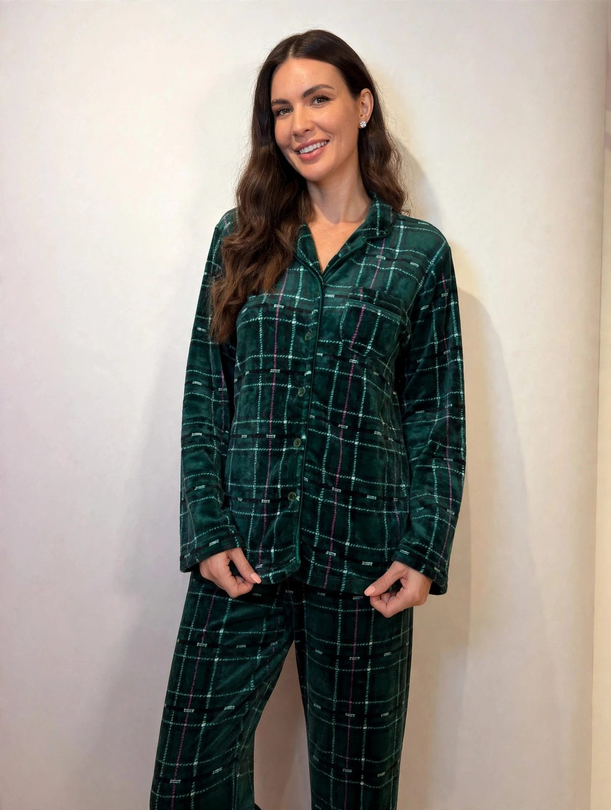 Women's Fleece Button-Up Pajama Set – Burgundy / Green Plaid (AS03-1#)