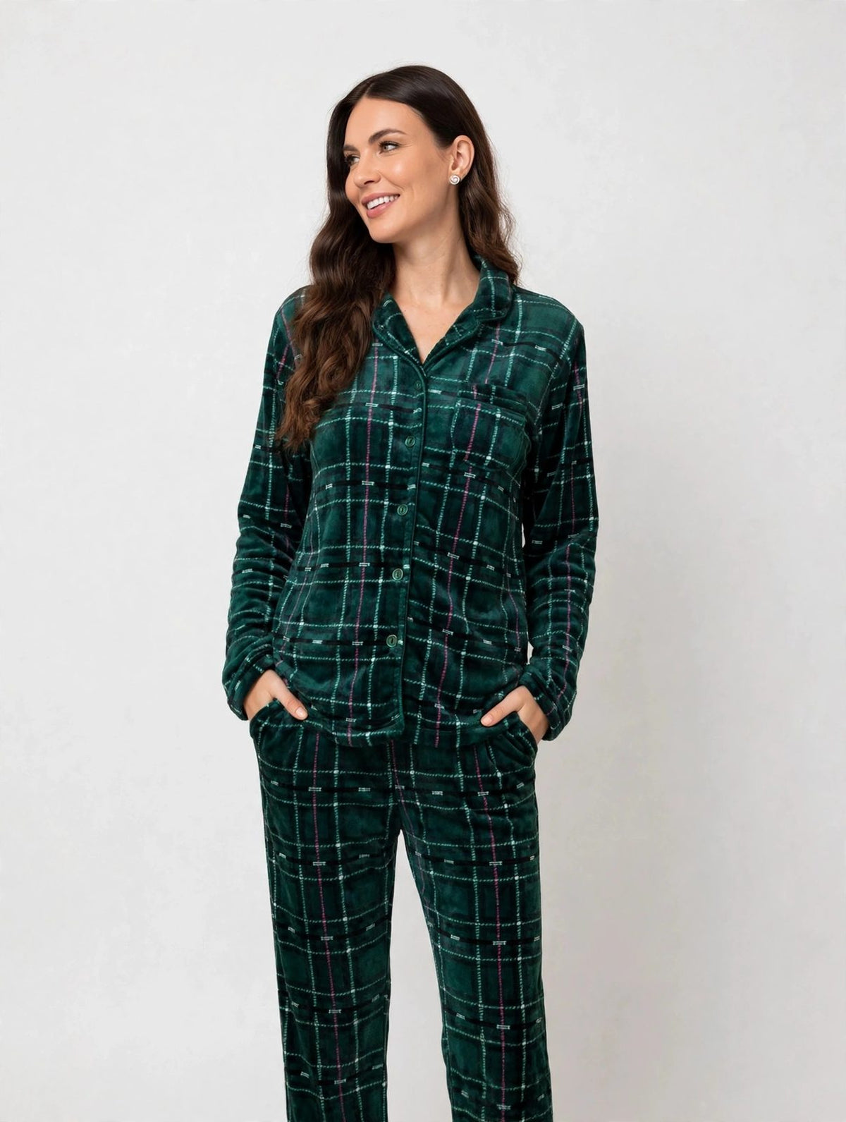 Women's Fleece Button-Up Pajama Set – Burgundy / Green Plaid (AS03-1#)