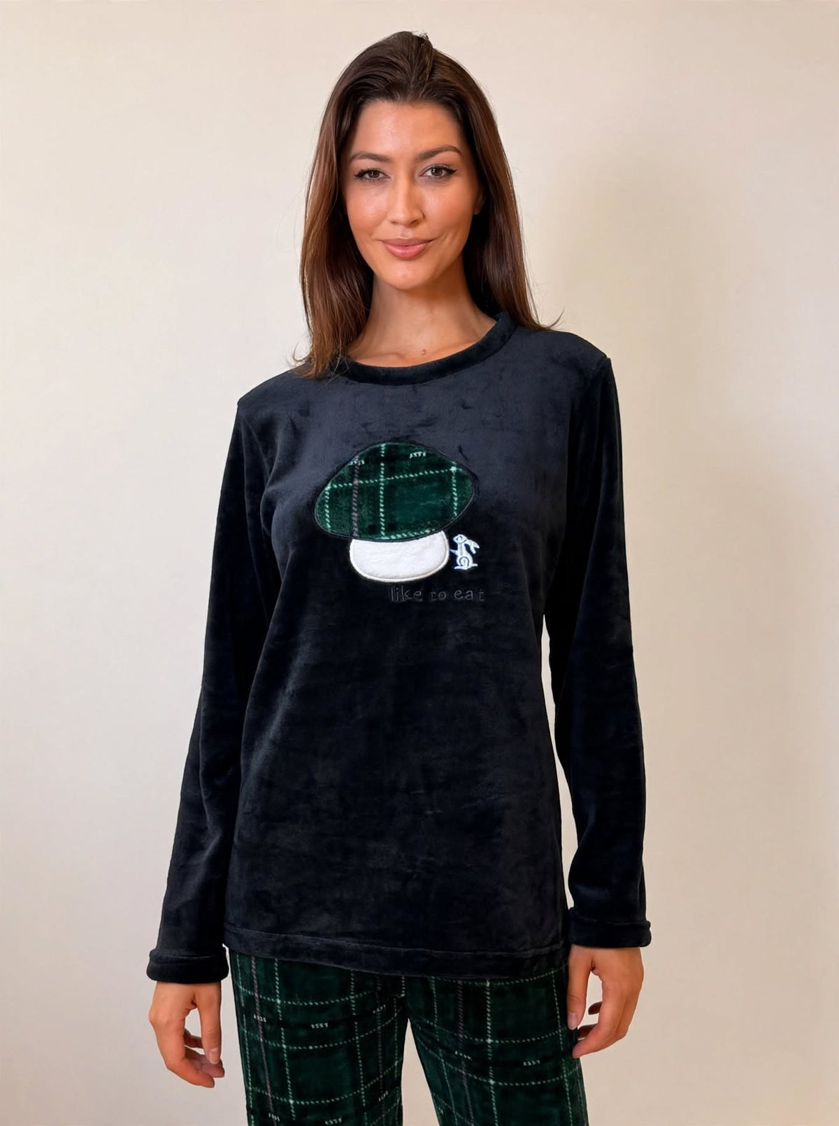 Women's Fleece Pullover Pajama Set – Green / Burgundy Plaid (AS03-2#)