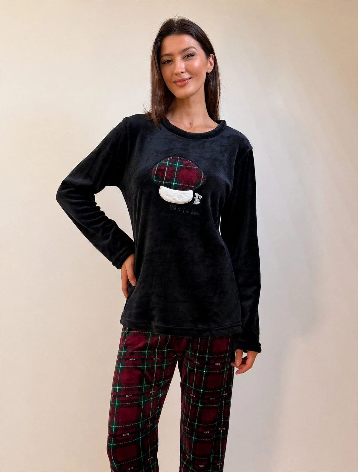 Women's Fleece Pullover Pajama Set – Green / Burgundy Plaid (AS03-2#)