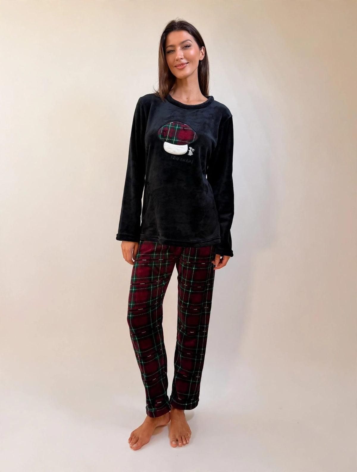 Women's Fleece Pullover Pajama Set – Green / Burgundy Plaid (AS03-2#)