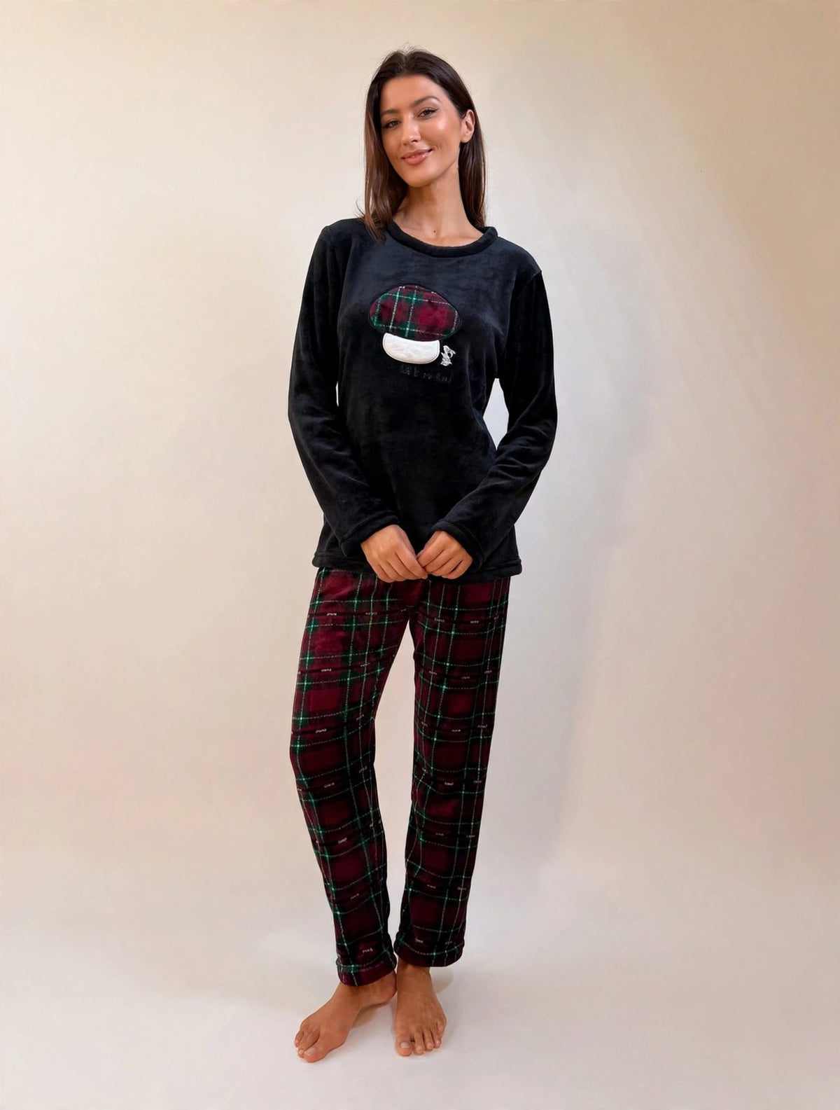 Women's Fleece Pullover Pajama Set – Green / Burgundy Plaid (AS03-2#)