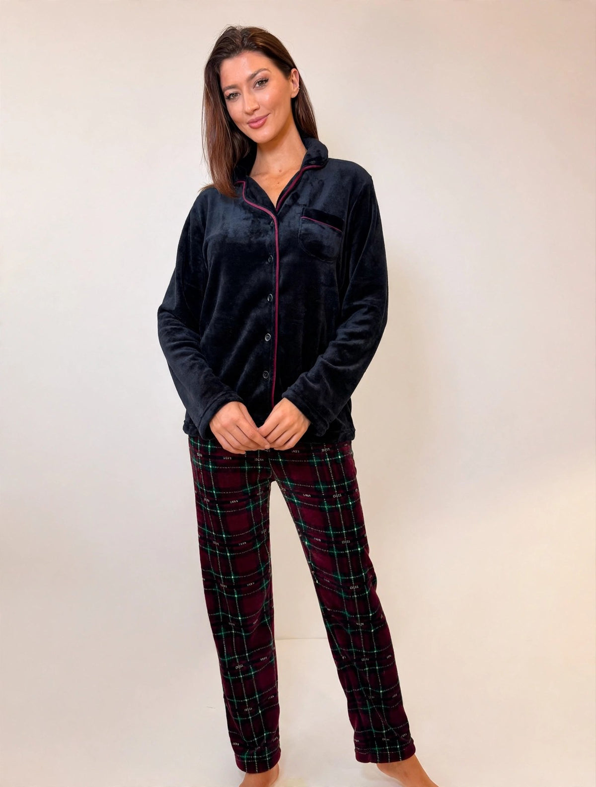 Women's Fleece Button-Up Pajama Set – Black & Red Plaid (AS03#)