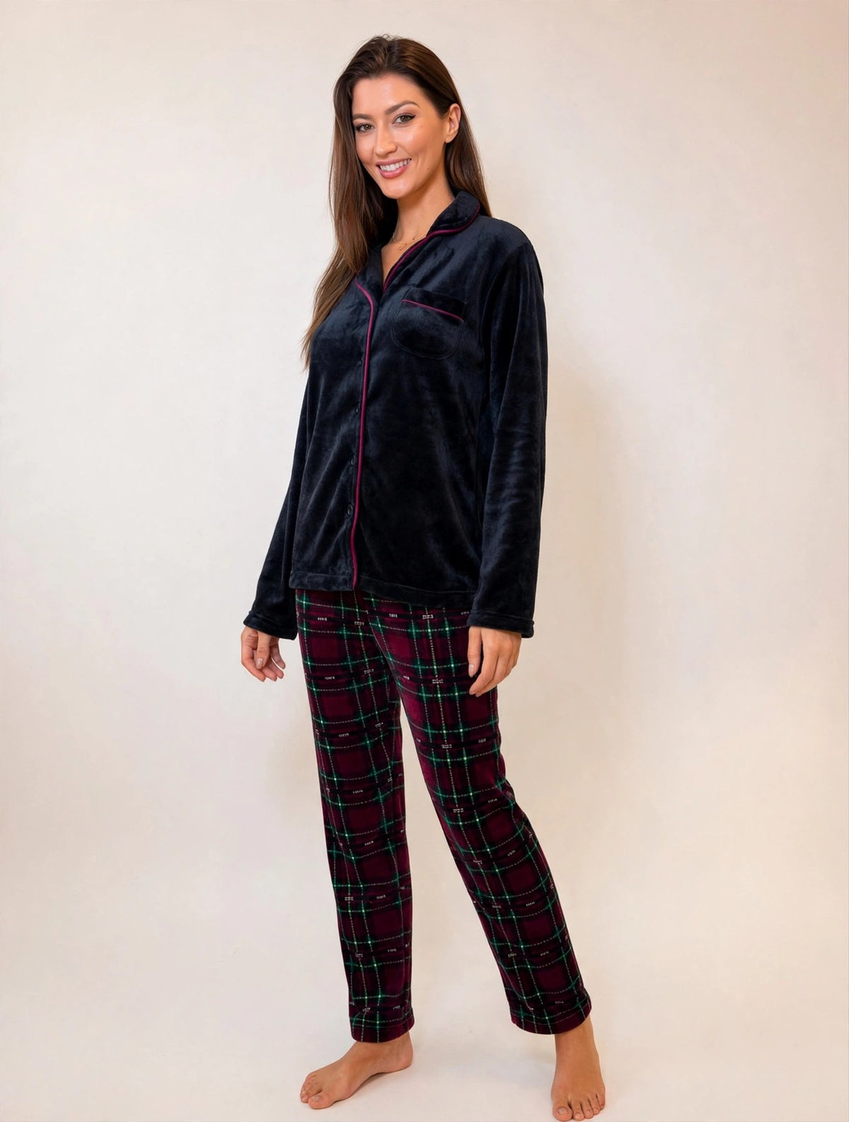 Women's Fleece Button-Up Pajama Set – Black & Red Plaid (AS03#)