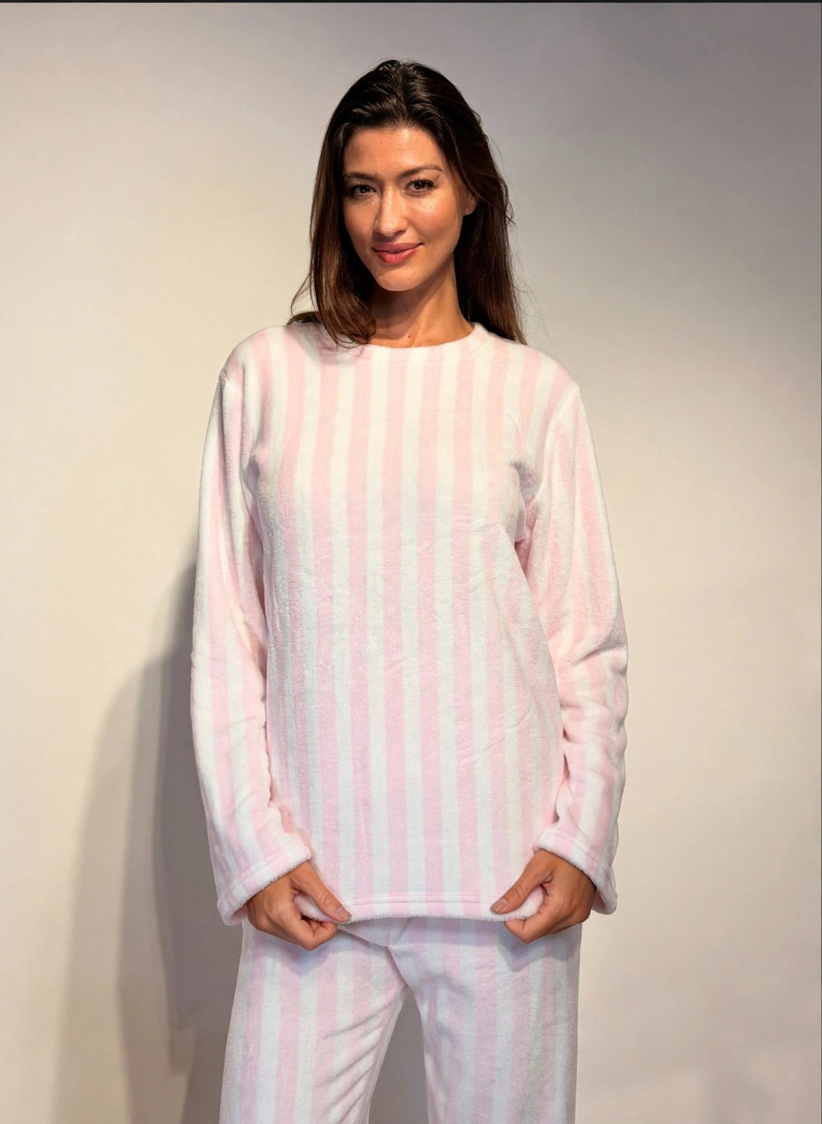 Women's Fleece Pullover Pajama Set – Pink Stripe (AS04-2#)