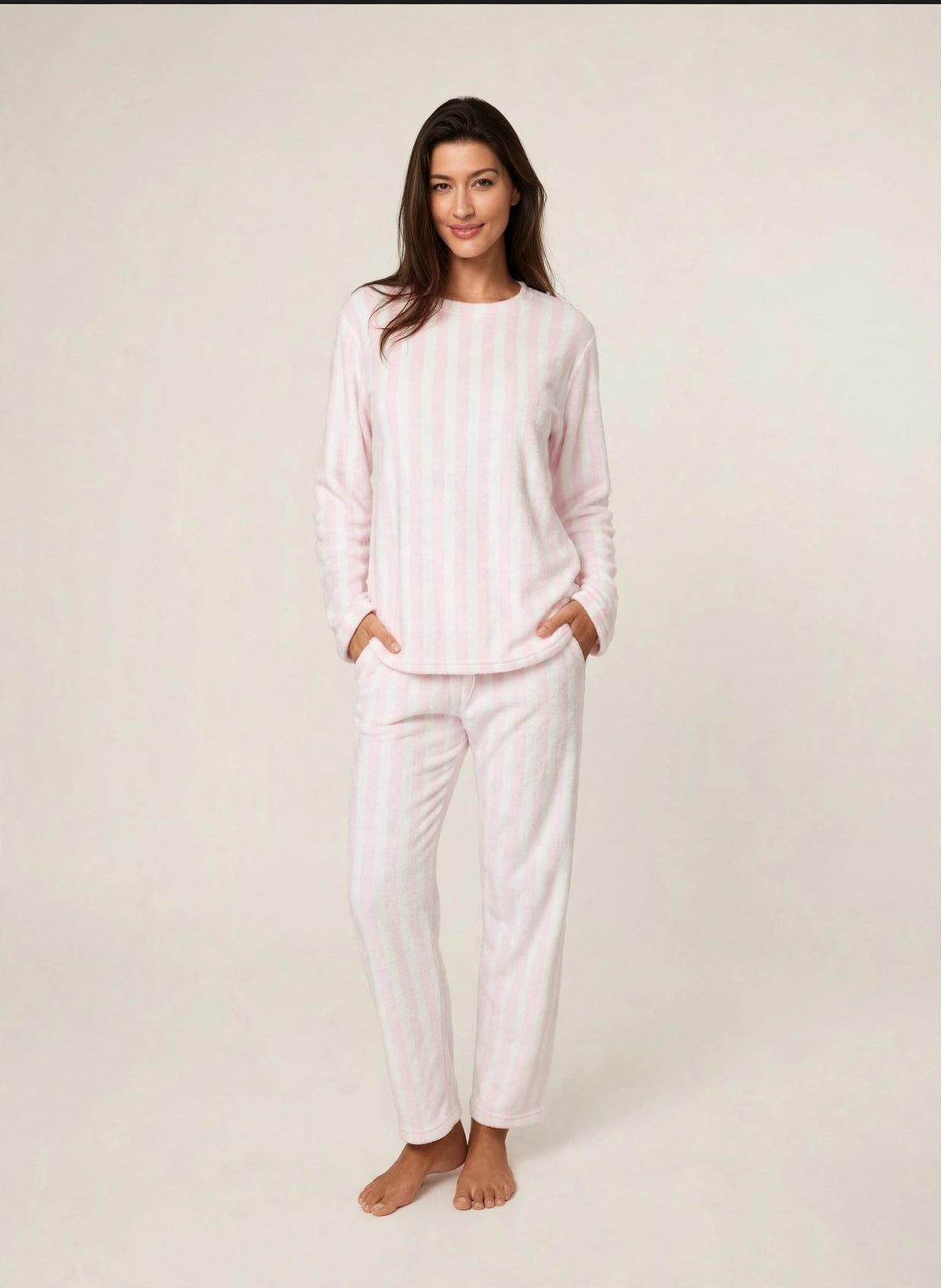 Women's Fleece Pullover Pajama Set – Pink Stripe (AS04-2#)