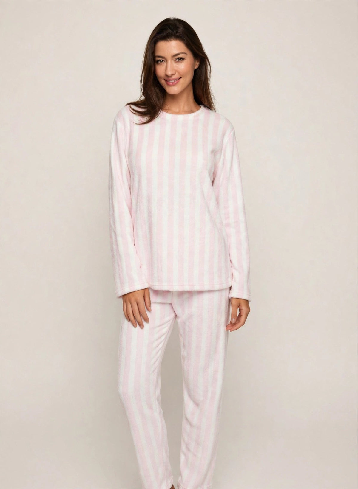 Women's Fleece Pullover Pajama Set – Pink Stripe (AS04-2#)