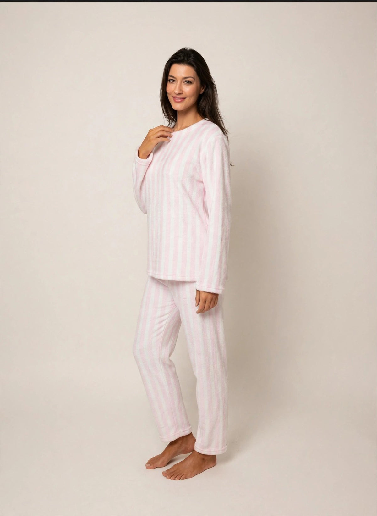 Women's Fleece Pullover Pajama Set – Pink Stripe (AS04-2#)