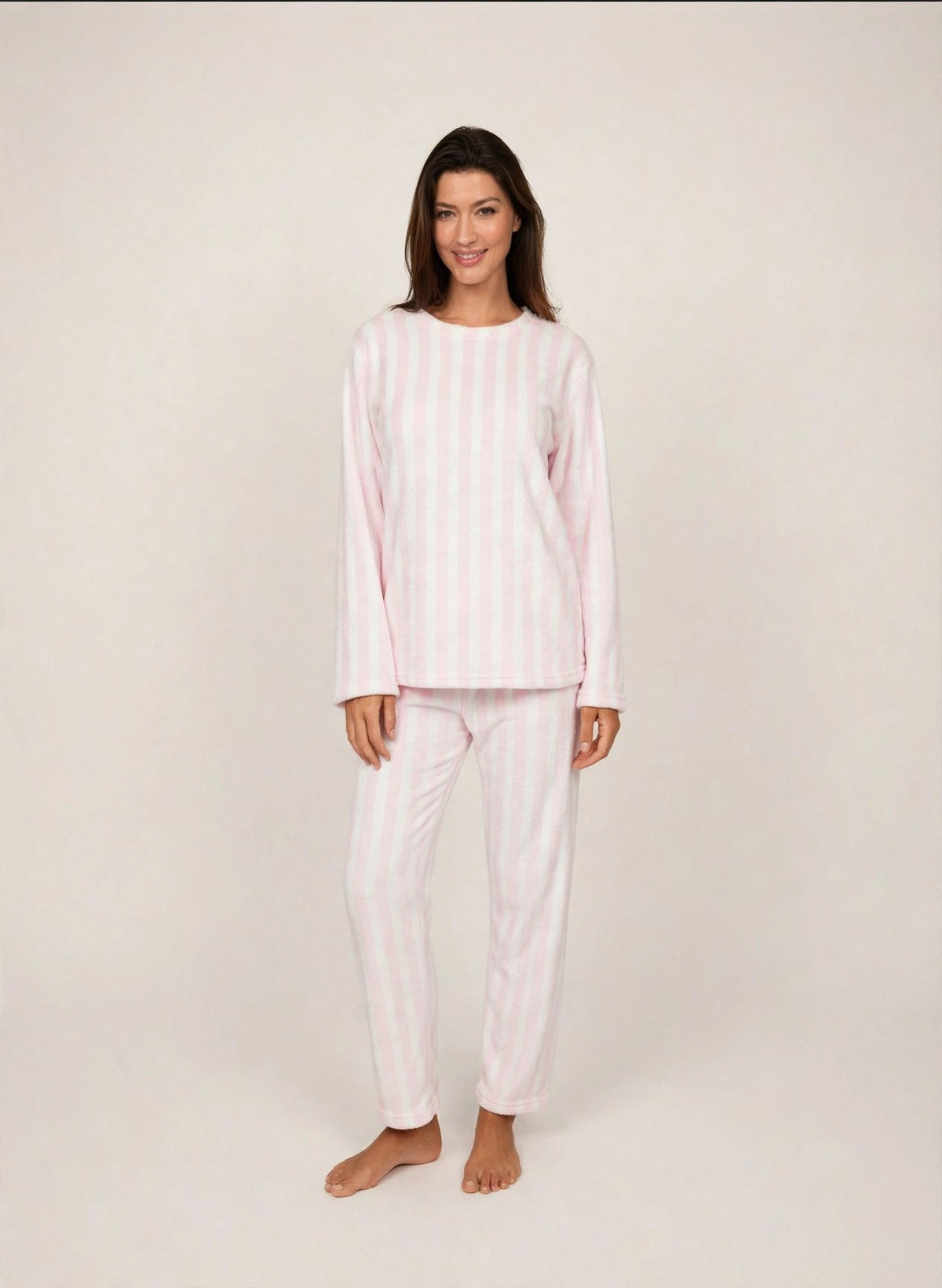 Women's Fleece Pullover Pajama Set – Pink Stripe (AS04-2#)