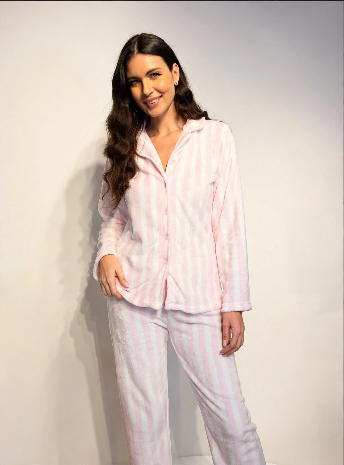 Women's Fleece Button-Up Pajama Set – Pink Stripe (AS04#)