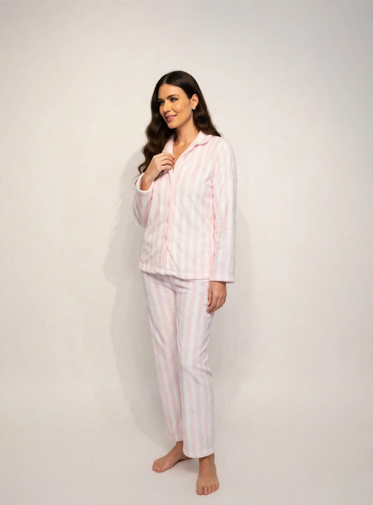 Women's Fleece Button-Up Pajama Set – Pink Stripe (AS04#)