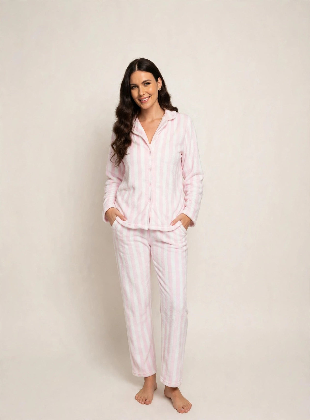 Women's Fleece Button-Up Pajama Set – Pink Stripe (AS04#)
