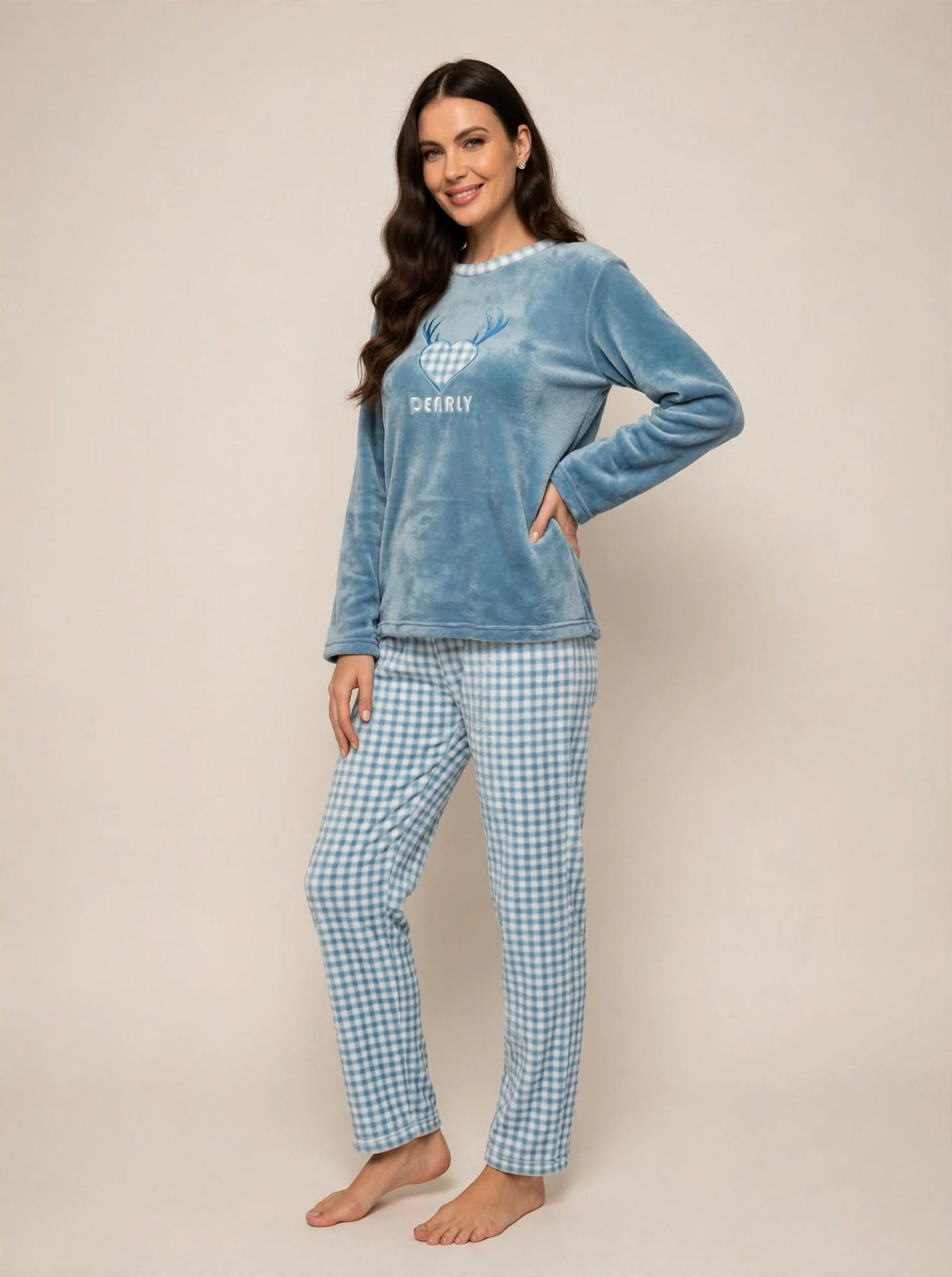 Women's Fleece Pullover Pajama Set – Blue / Pink (AS07-2#)