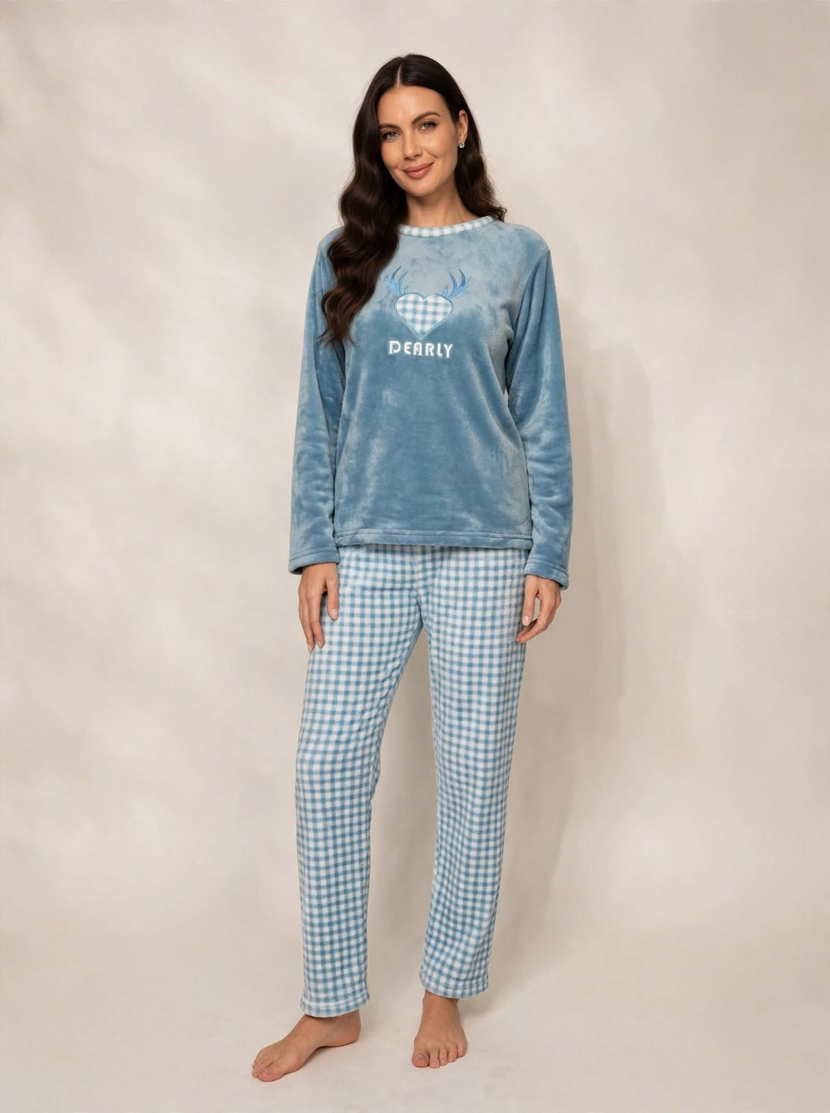 Women's Fleece Pullover Pajama Set – Blue / Pink (AS07-2#)