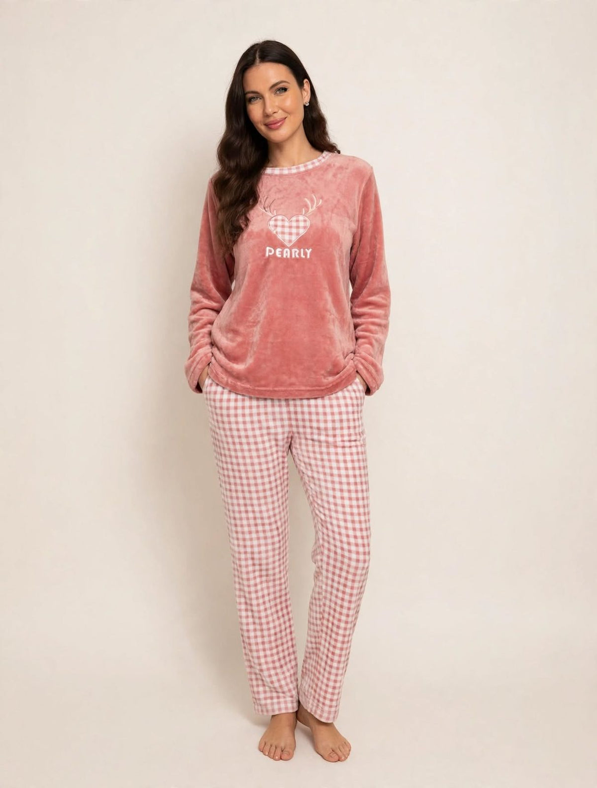 Women's Fleece Pullover Pajama Set – Blue / Pink (AS07-2#)