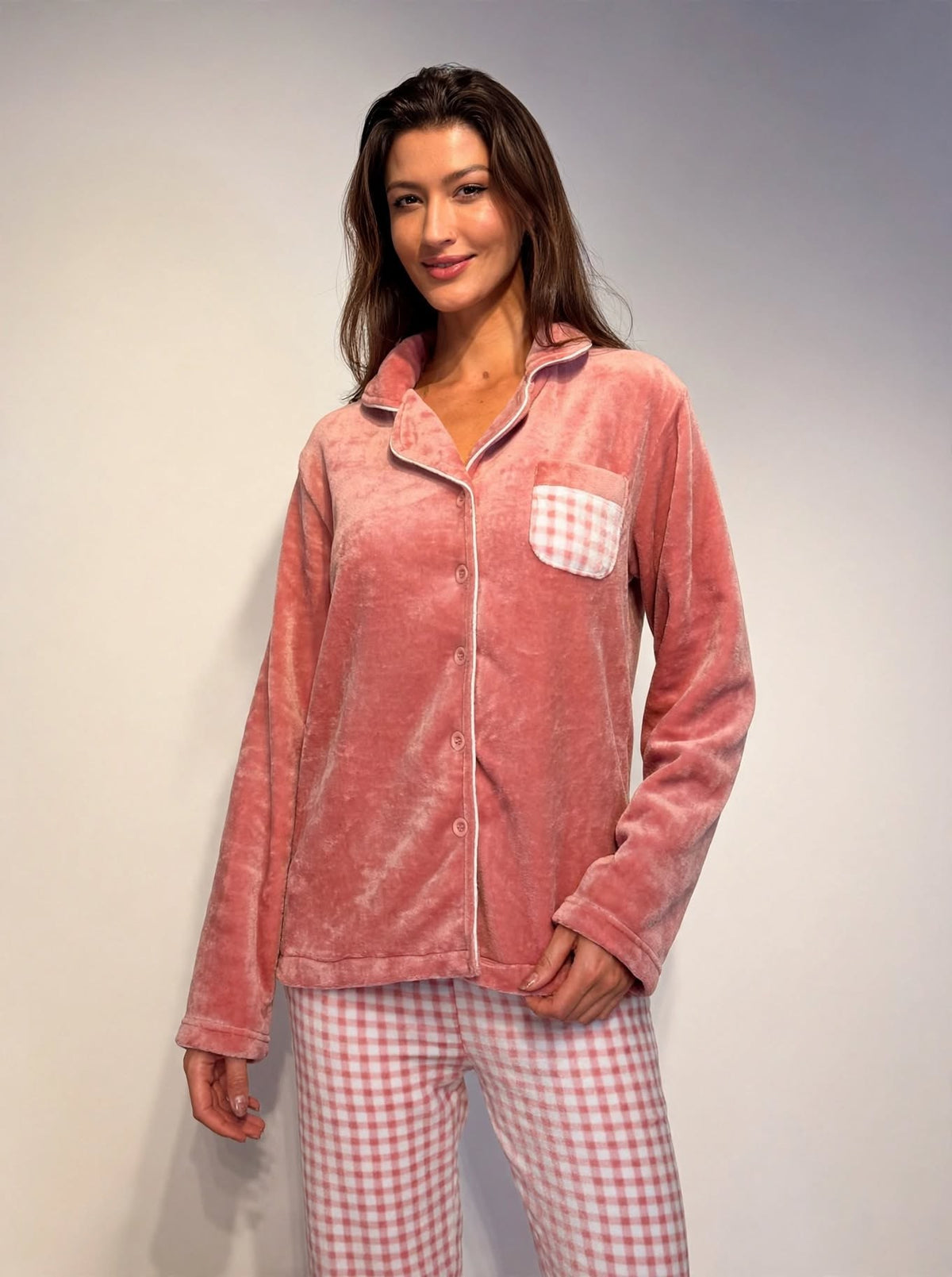 Women's Fleece Button-Up Pajama Set – Rose / Blue (AS07#)