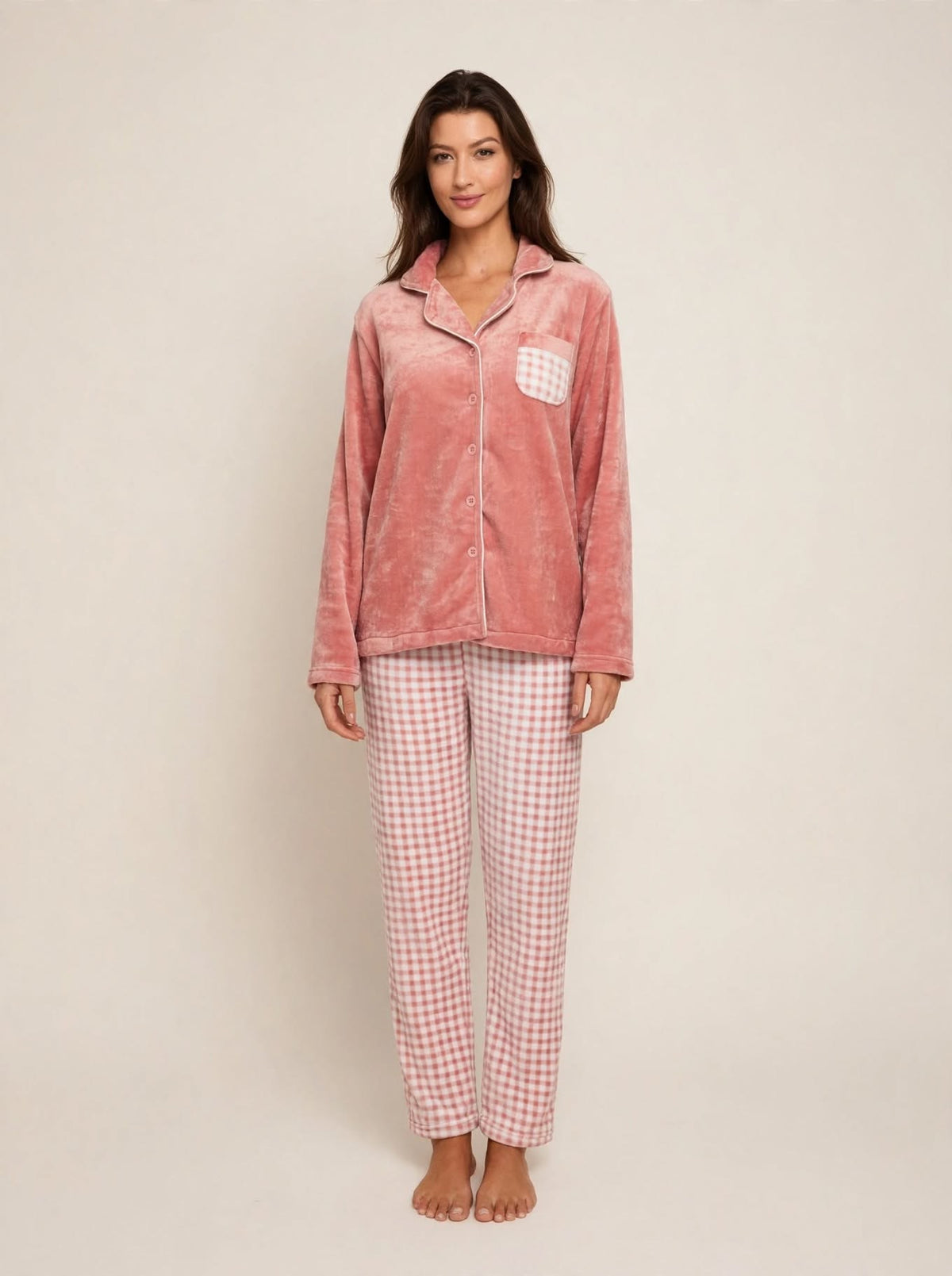 Women's Fleece Button-Up Pajama Set – Rose / Blue (AS07#)