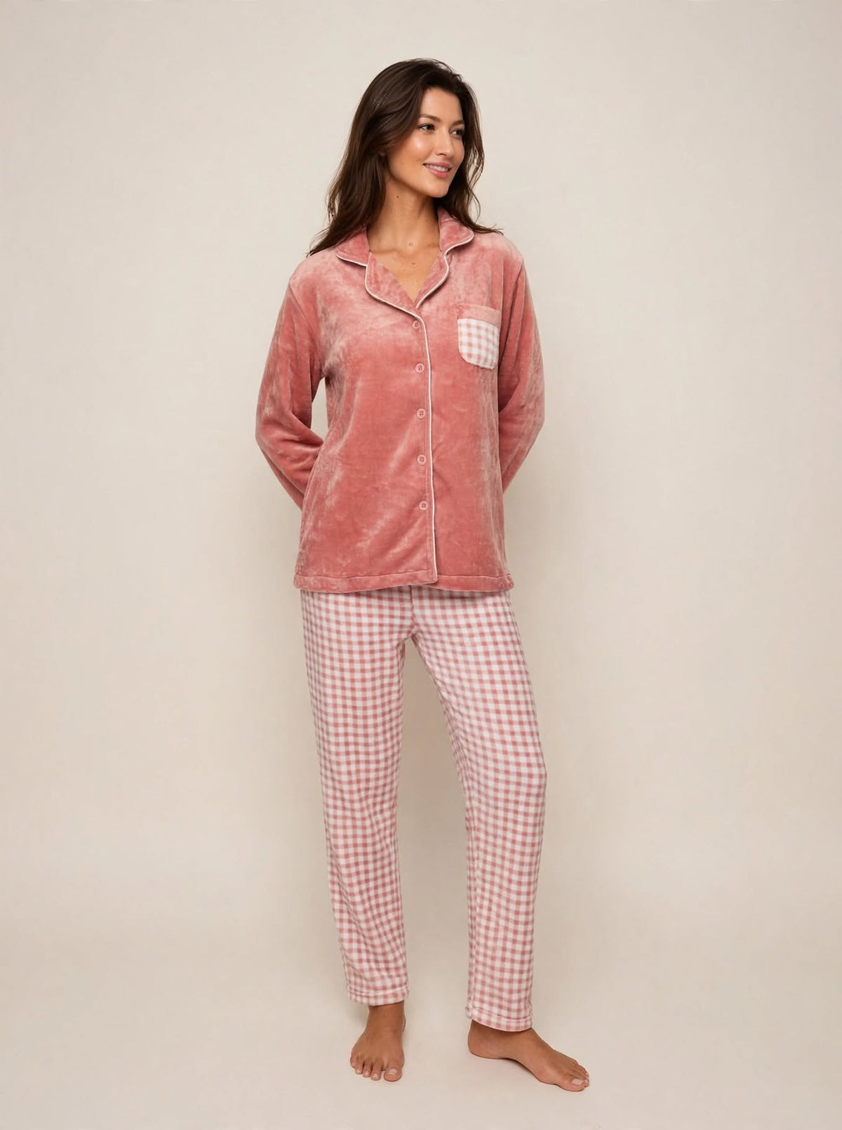 Women's Fleece Button-Up Pajama Set – Rose / Blue (AS07#)