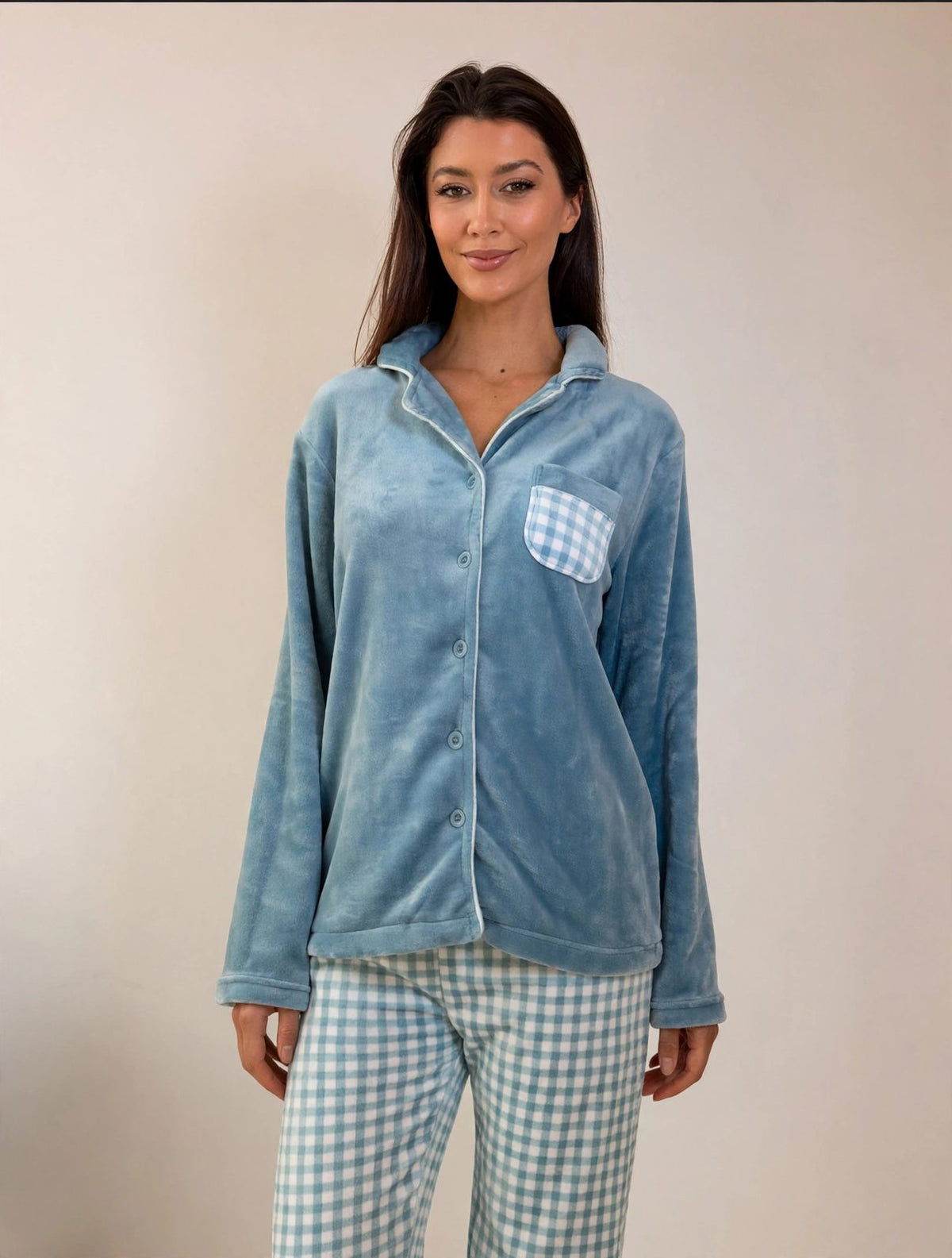 Women's Fleece Button-Up Pajama Set – Rose / Blue (AS07#)