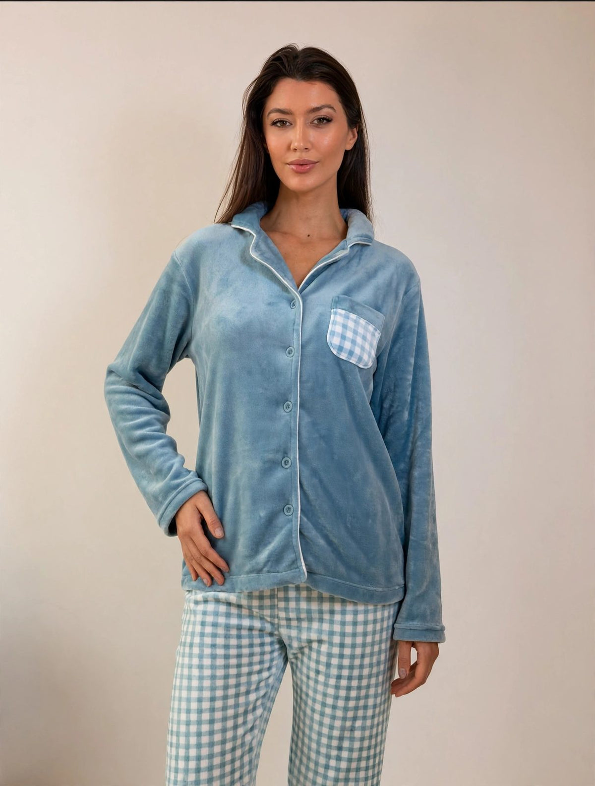 Women's Fleece Button-Up Pajama Set – Rose / Blue (AS07#)
