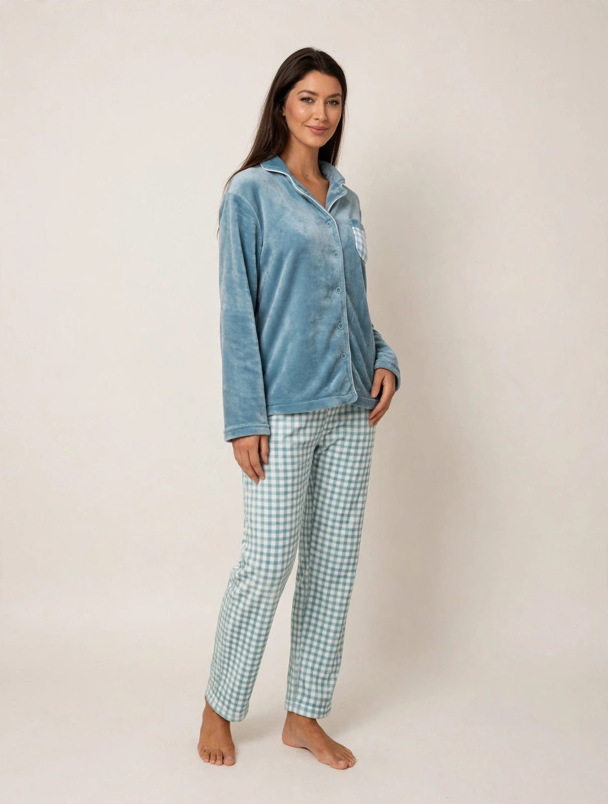 Women's Fleece Button-Up Pajama Set – Rose / Blue (AS07#)