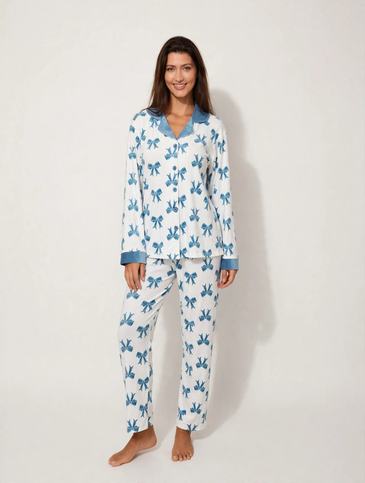 Women's Velvet Button-Up Pajama Set – Blue Bow (AY02#)