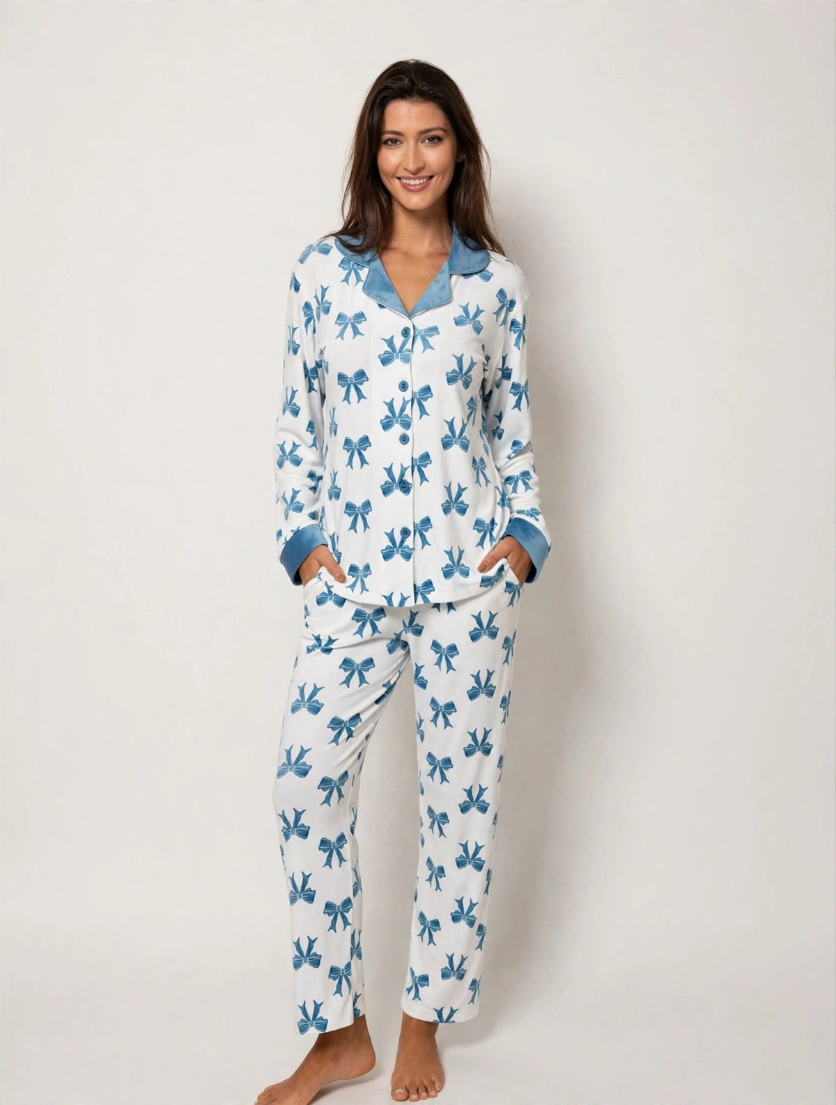 Women's Velvet Button-Up Pajama Set – Blue Bow (AY02#)
