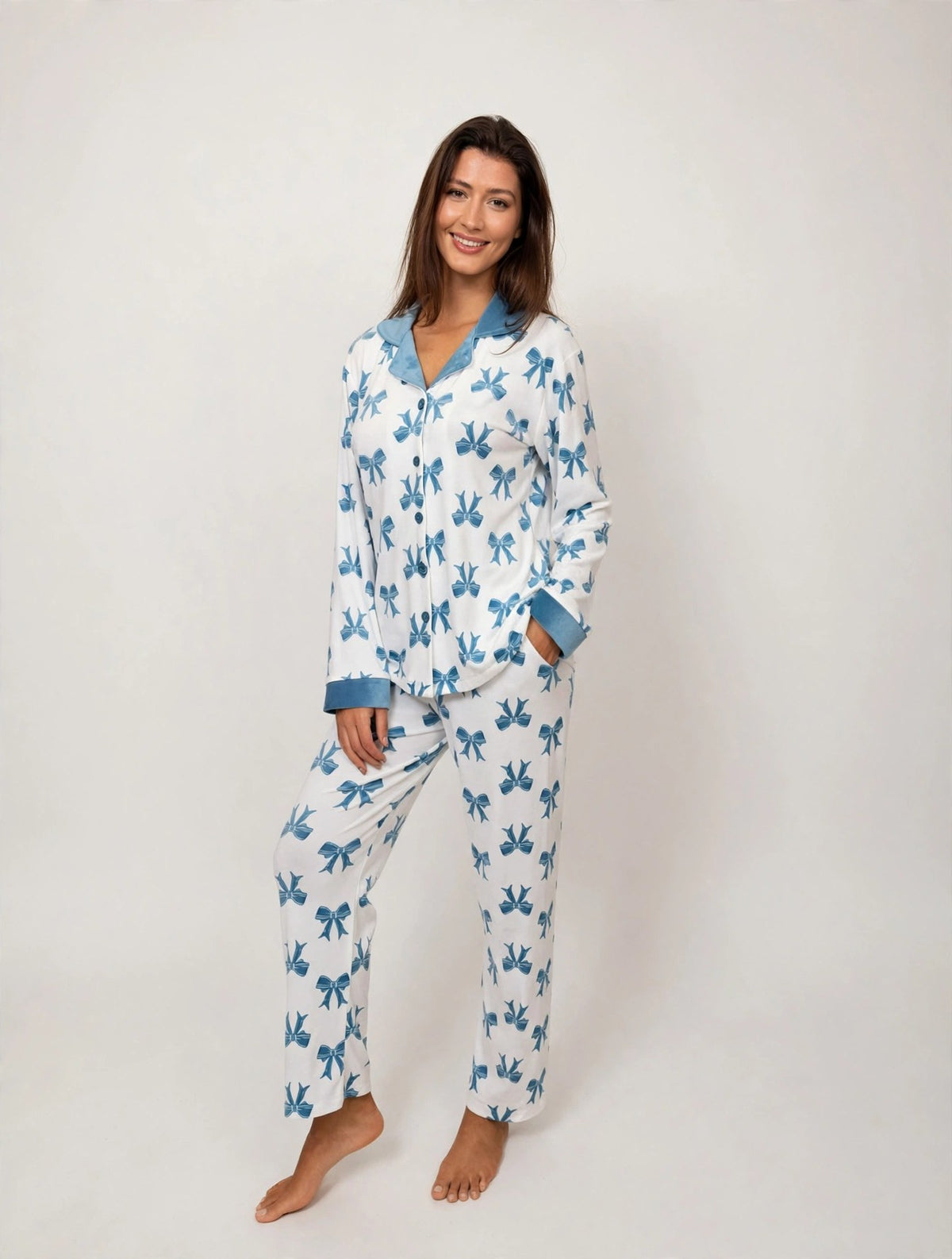 Women's Velvet Button-Up Pajama Set – Blue Bow (AY02#)
