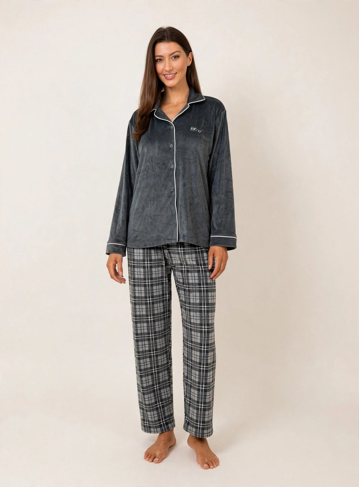 Women's Velvet Button-Up Pajama Set – Grey (AY03#)