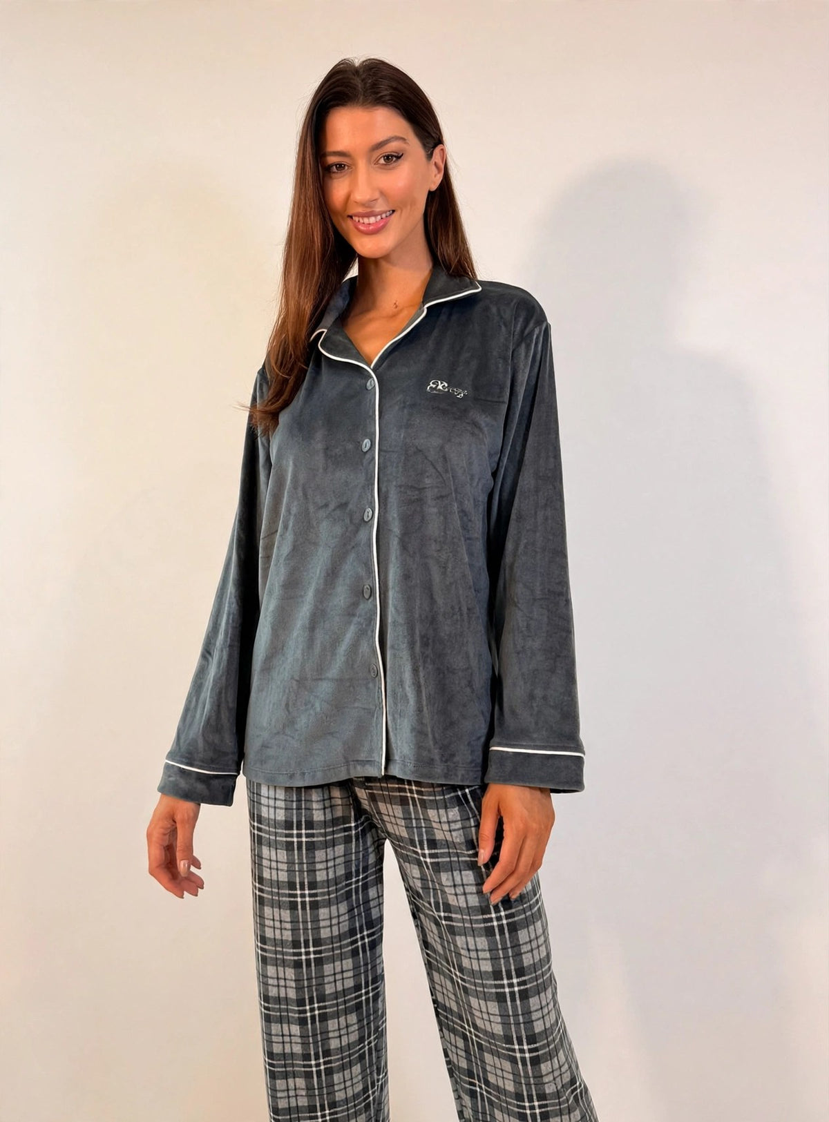 Women's Velvet Button-Up Pajama Set – Grey (AY03#)