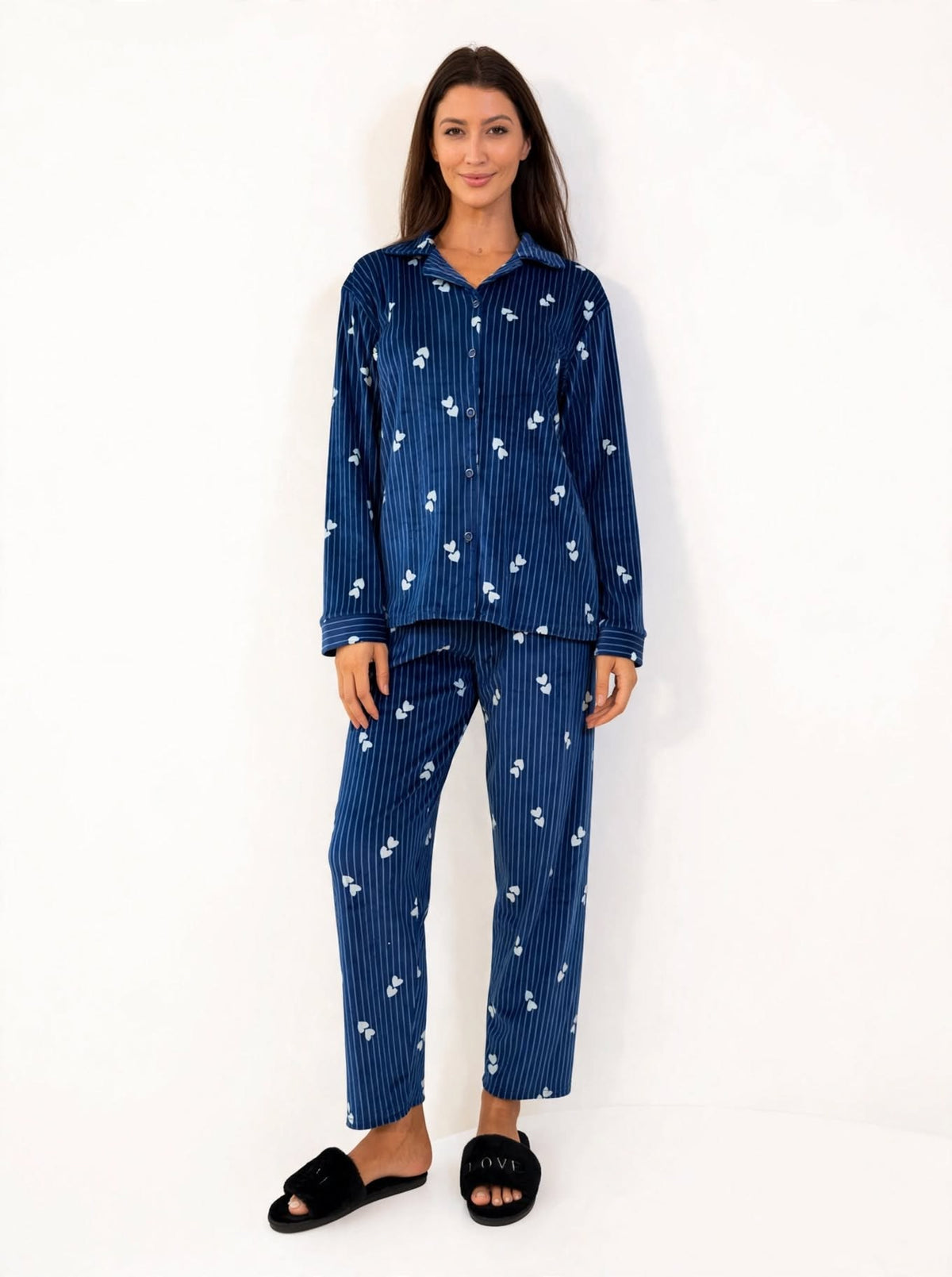 Women's Velvet Button-Up Pajama Set – Navy (AY04#)