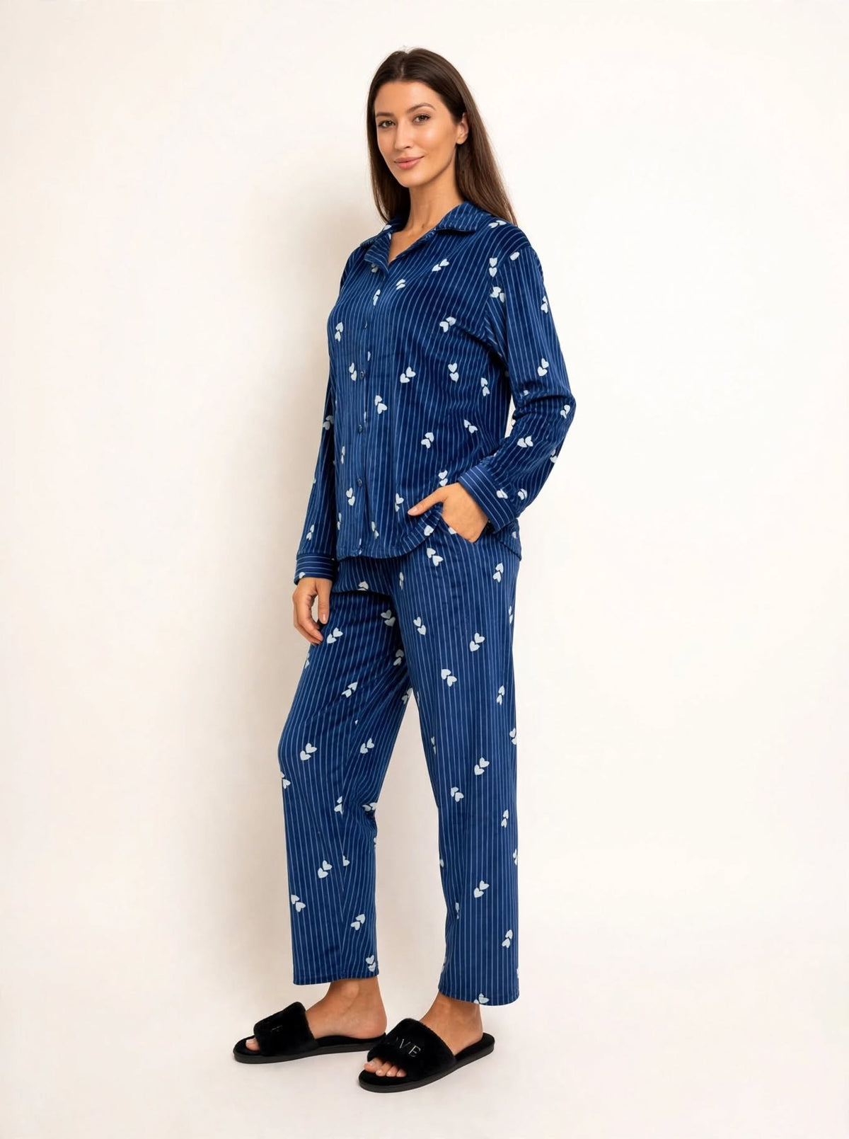 Women's Velvet Button-Up Pajama Set – Navy (AY04#)