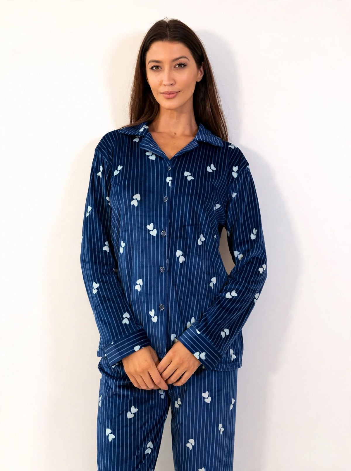 Women's Velvet Button-Up Pajama Set – Navy (AY04#)