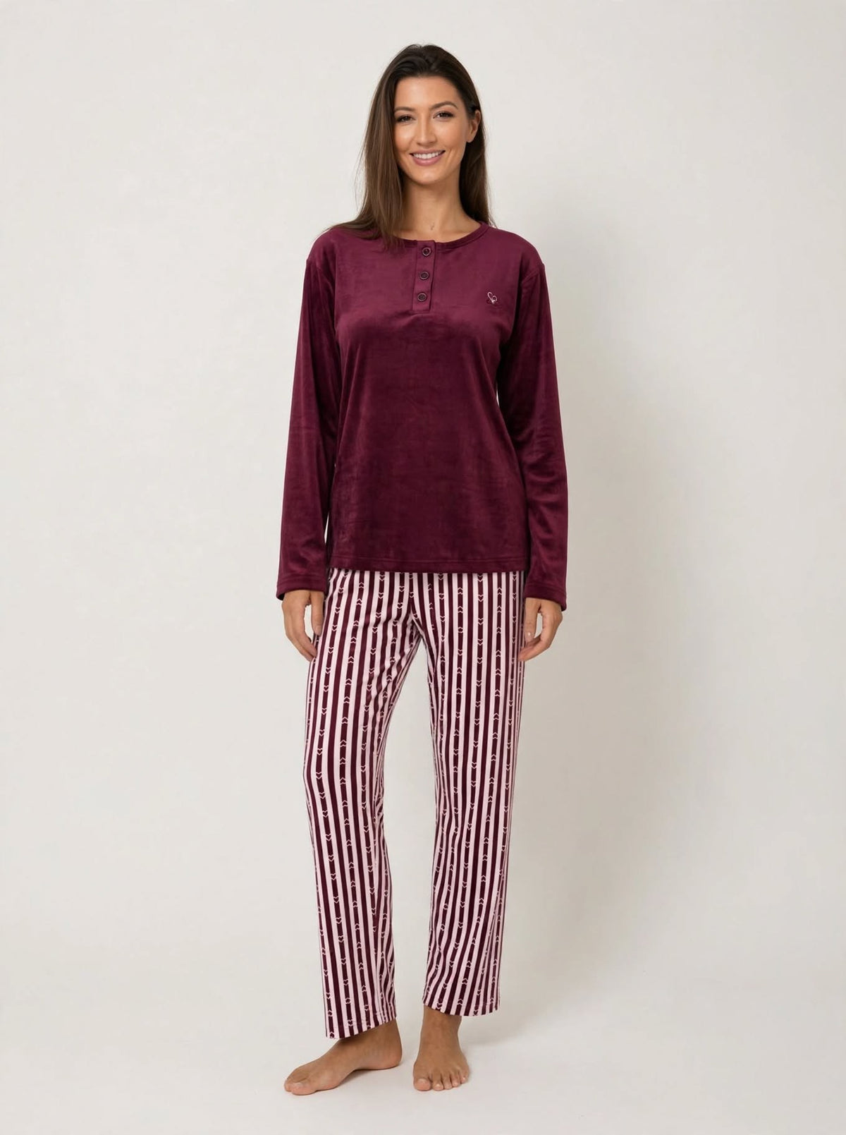 Women's Velvet Pullover Pajama Set – Burgundy (AY05-2#)