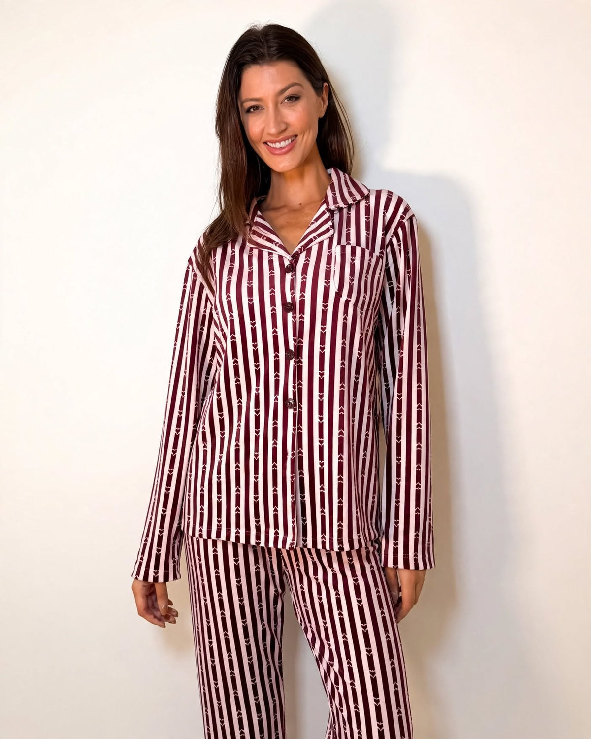 Women's Velvet Button-Up Pajama Set – Burgundy Stripe (AY05#)