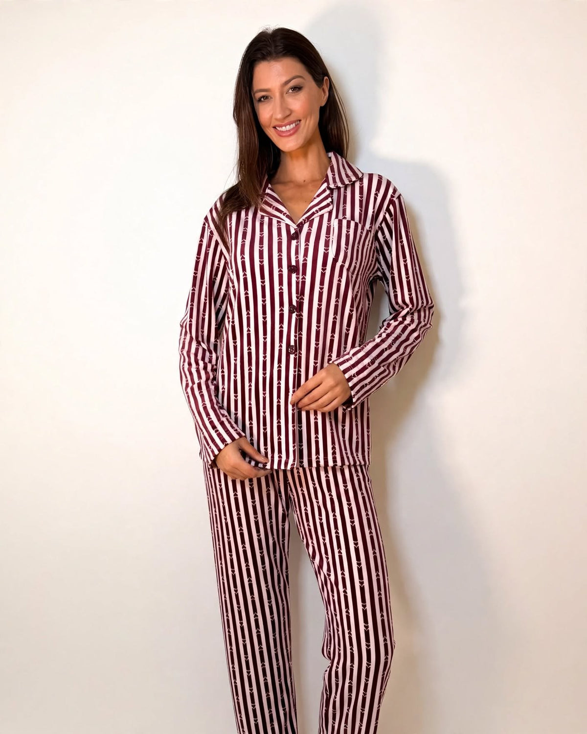 Women's Velvet Button-Up Pajama Set – Burgundy Stripe (AY05#)