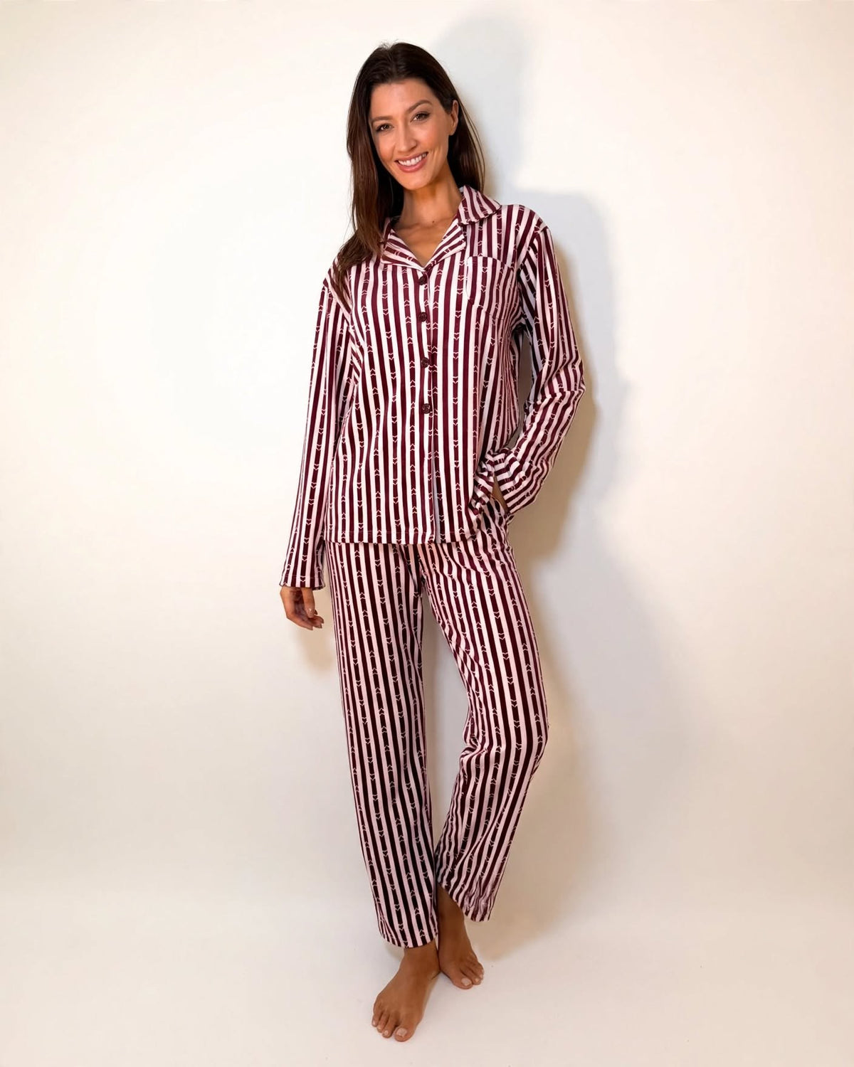 Women's Velvet Button-Up Pajama Set – Burgundy Stripe (AY05#)