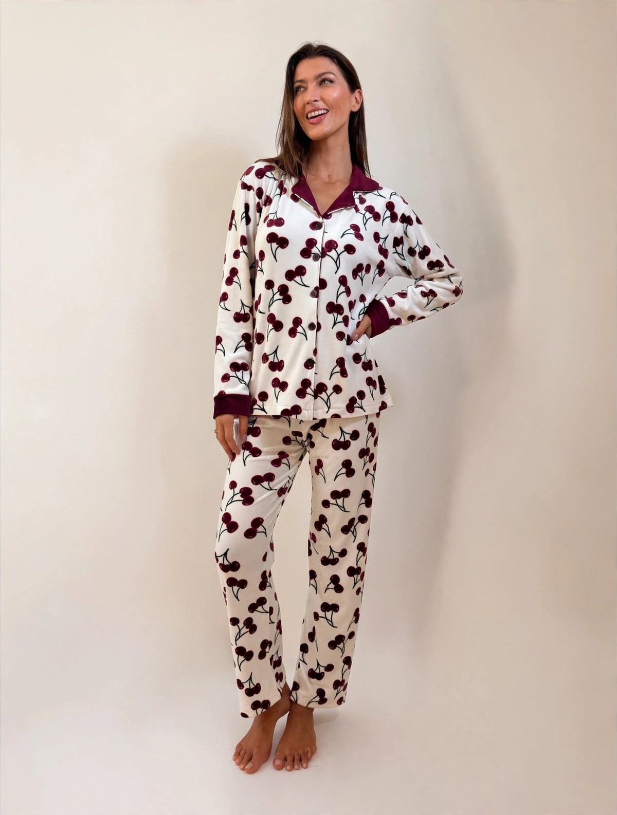 Women's Velvet Button-Up Pajama Set – Cherry (AY06#)