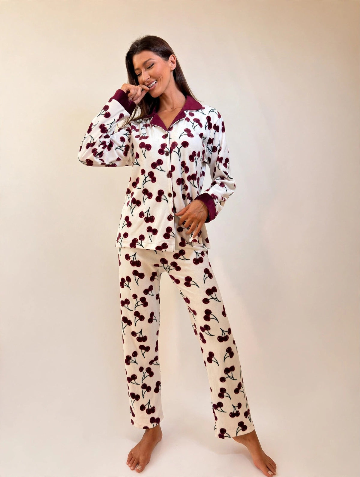 Women's Velvet Button-Up Pajama Set – Cherry (AY06#)