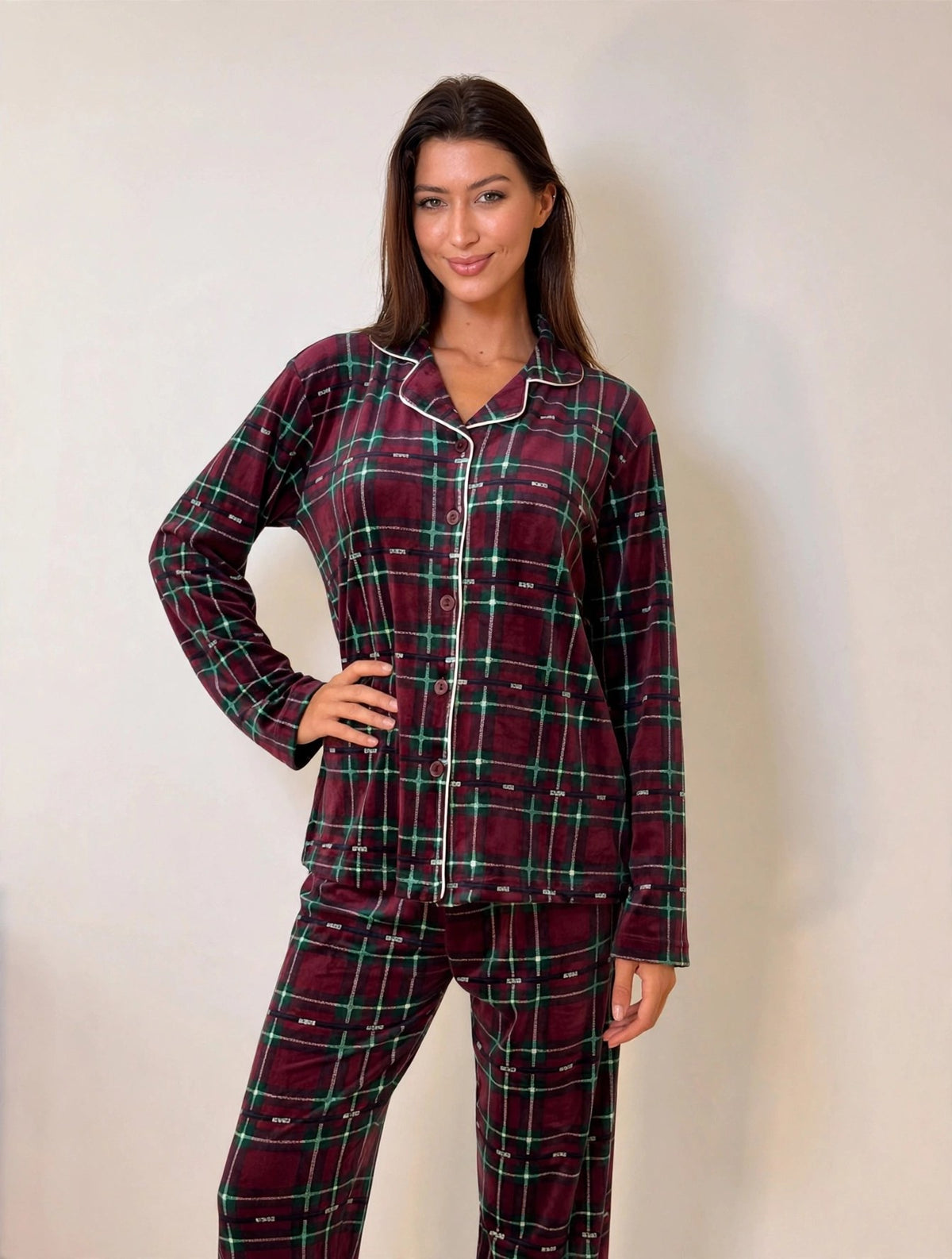 Women's Velvet Button-Up Pajama Set – Burgundy / Green Plaid (AY08-1#)